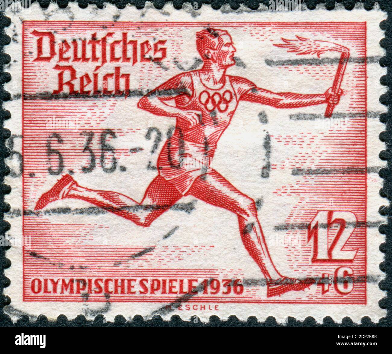 ALLEMAGNE - VERS 1936: Timbre-poste imprimé en Allemagne, dédié aux Jeux Olympiques d'été à Berlin, a montré un coureur du relais de la torche olympique Berlin, vers 1936 Banque D'Images