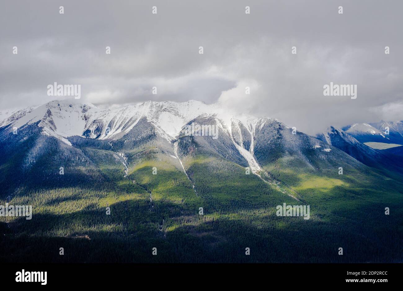 Montagnes boisées et vallée sous des nuages bas, près de Banff, Alberta, Canada. Banque D'Images