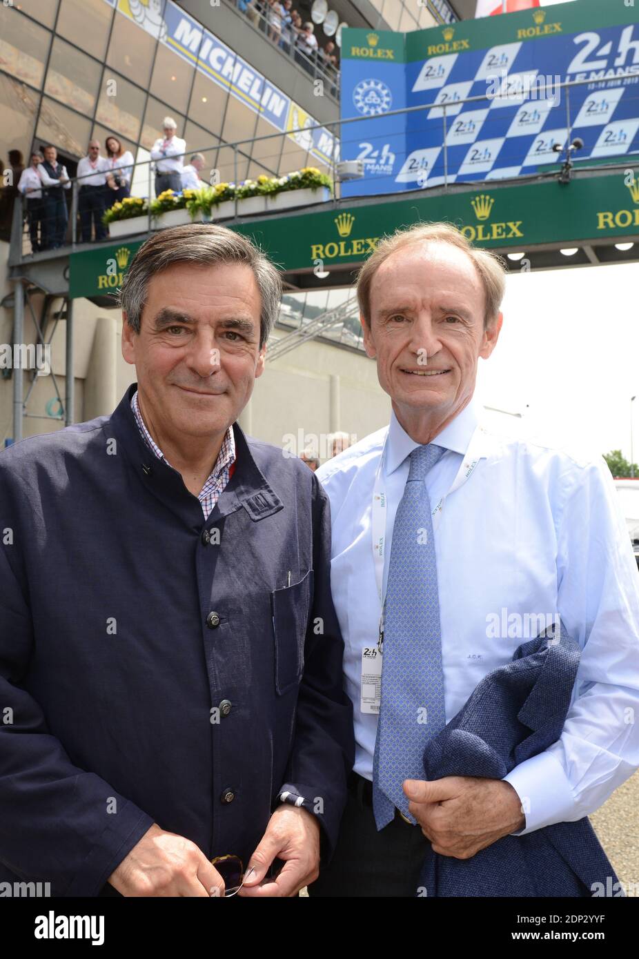 François Fillon et Jean-Claude Killy postent pendentif la 83f édition des 24 heures du Mans, France, 13 juin 2015. Photo de Guy Durand/ABACAPRESS.COM Banque D'Images