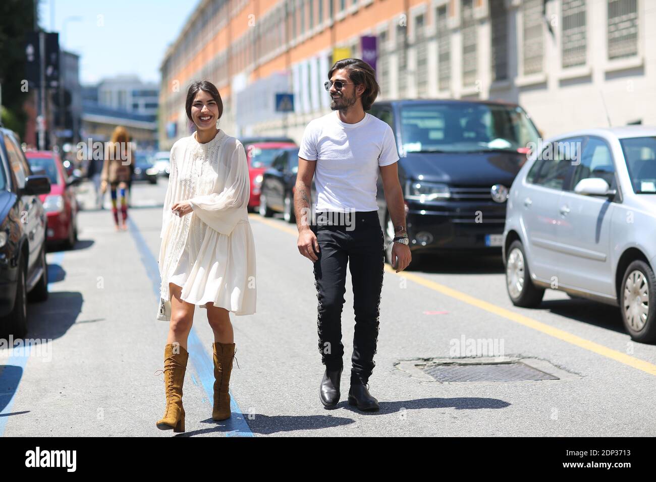Street style, Patricia Manfield et Giotti Calendoli arrivent au Costume National Homme Printemps-été 2016 salon de vêtements pour hommes tenu à via Tortona à Milan, Italie, le 20 juin 2015. Photo de Marie-Paola Bertrand-Hillion/ABACAPRESS.COM Banque D'Images