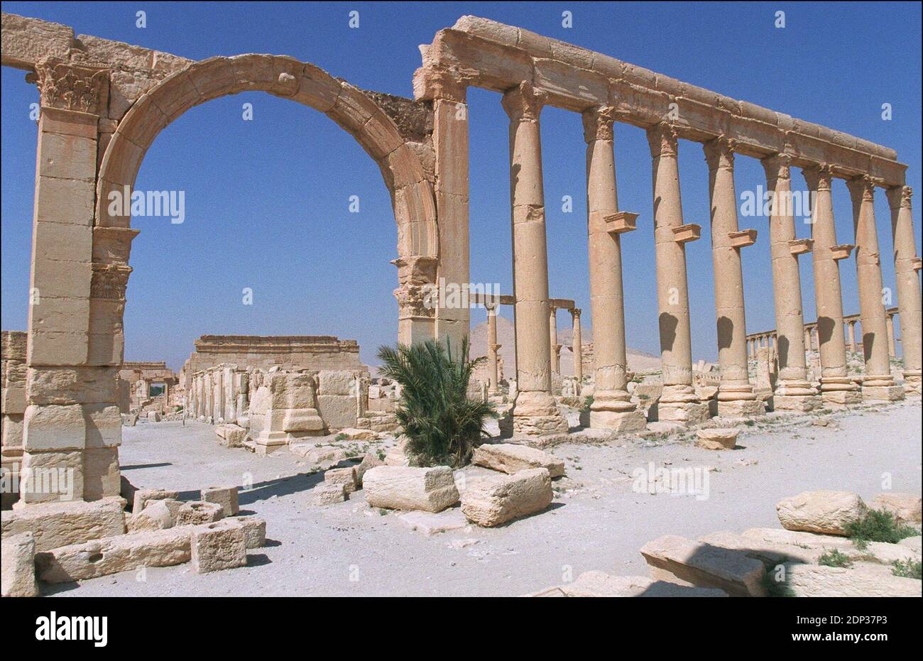 Les militants de l'État islamique (EI) en Syrie sont entrés sur le site de Palmyra, classé au patrimoine mondial de l'UNESCO, après avoir pris la ville à côté des ruines antiques. IL a déjà démoli des sites anciens en Irak qui étaient antérieurs à l'islam. Photo du fichier : © Eric travers/ABACA. 28121-3. Syrie, 08/08/2001. Grande colonnade avec son arche, de la ville de Palmyre. Banque D'Images