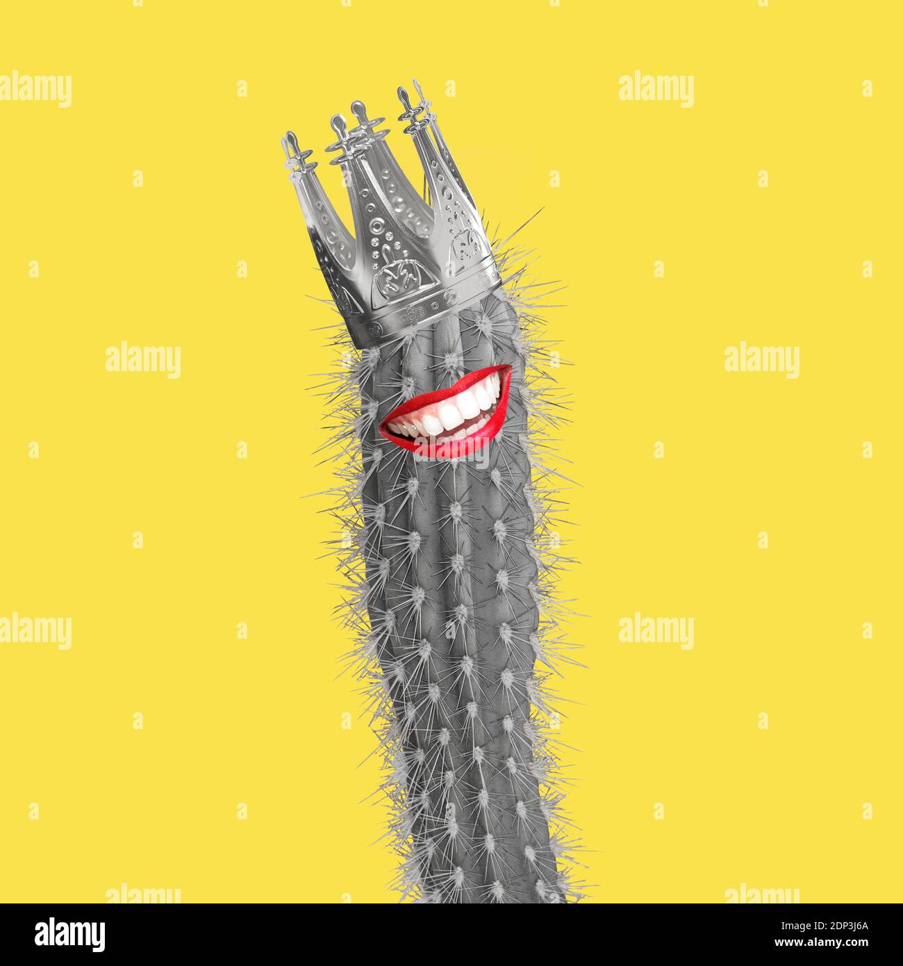 Gray cactus on yellow background. Creative contemporary art collage Banque D'Images