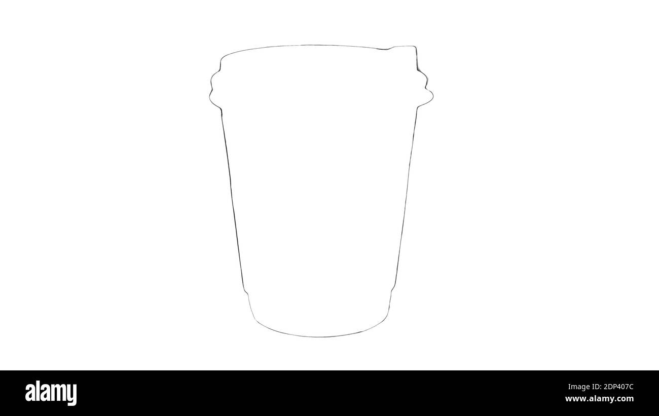Contour d'une tasse de café en plastique isolée sur un gros plan blanc, illustration d'une tasse de boisson, dessin à l'éclosion au crayon d'une tasse pour boire du café. Banque D'Images