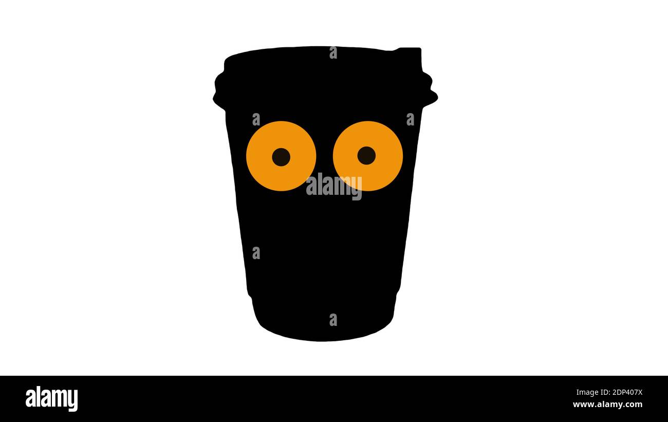 Illustration d'une tasse de café isolée sur blanc, personnage de dessin animé avec les yeux d'une tasse de café. Banque D'Images