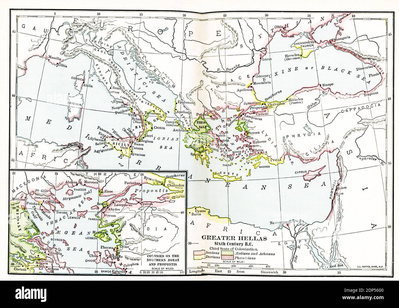 Greater Hellas Sixième siècle avant J.-C. la légende de cette carte du début des années 1900 se lit comme suit : sièges principaux de la colonisation. Rose : Ioniens; Aéoliens-verts et Achaéens; Doriens-jaunes; Phéniciens-pourpre. Carte détaillée : colonies de la mer Égée du Nord et promoteurs Banque D'Images