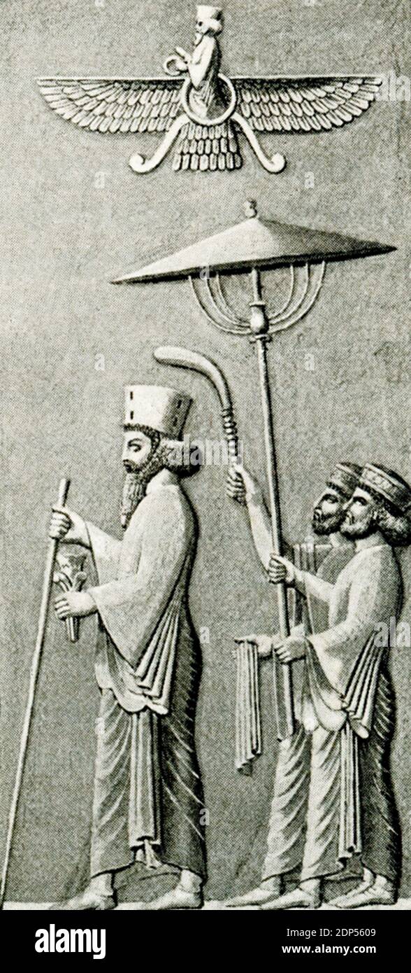 Le roi persan. Cette illustration est tirée d'un ancien relief représentant un roi et son accompagnateur en Perse (Iran antique). Banque D'Images