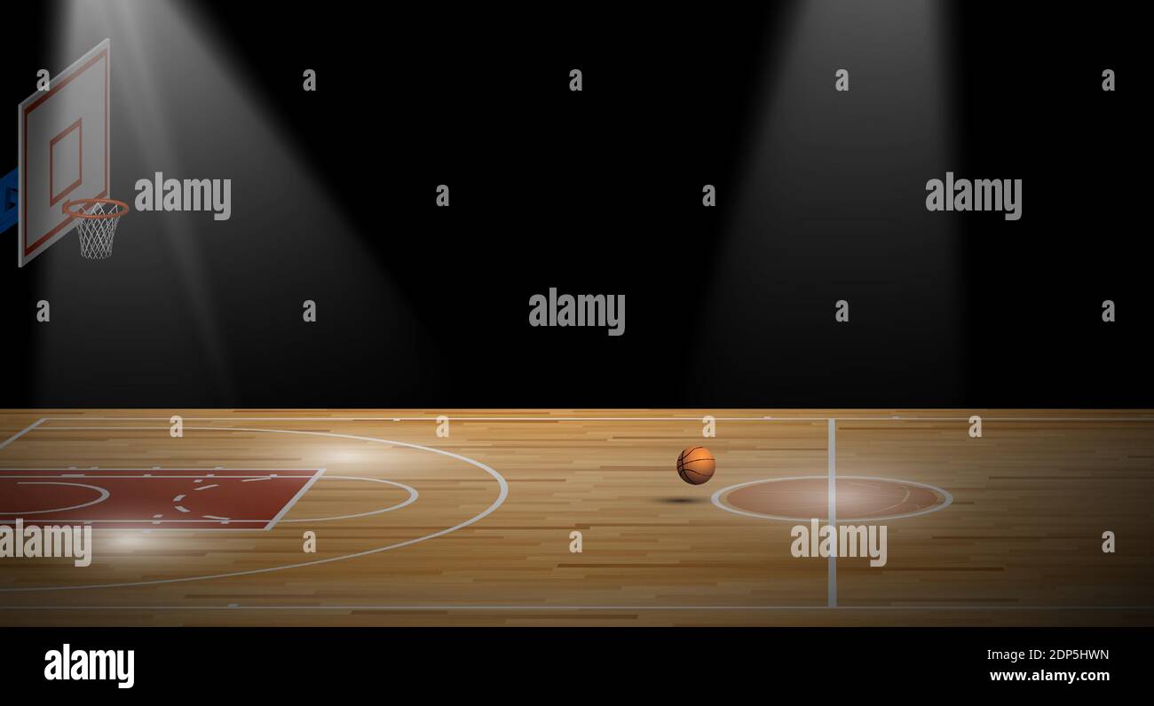 bright beam illumine le terrain de basket-ball avec fond de panier, panier et ballon pour bannière. Contexte de la concurrence. Vecteur Illustration de Vecteur