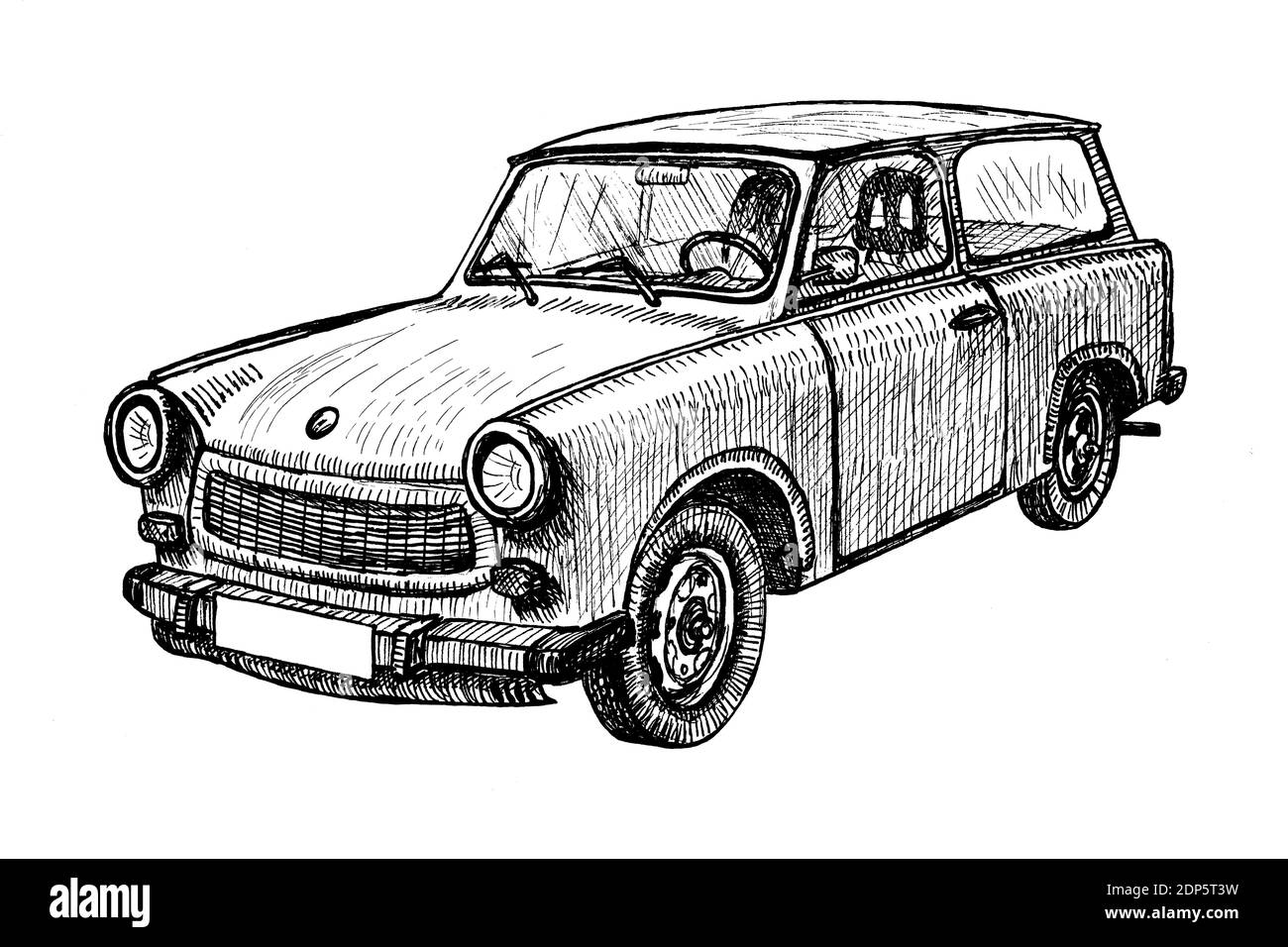 Dessiné à la main vieux chrono voiture de ville, doodle croquis graphiques illustration monochrome sur fond blanc (originaux, pas de traçage) Banque D'Images