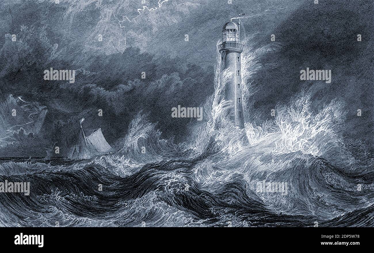 Une ancienne illustration d'un navire pris dans un orage près d'un phare britannique. Banque D'Images