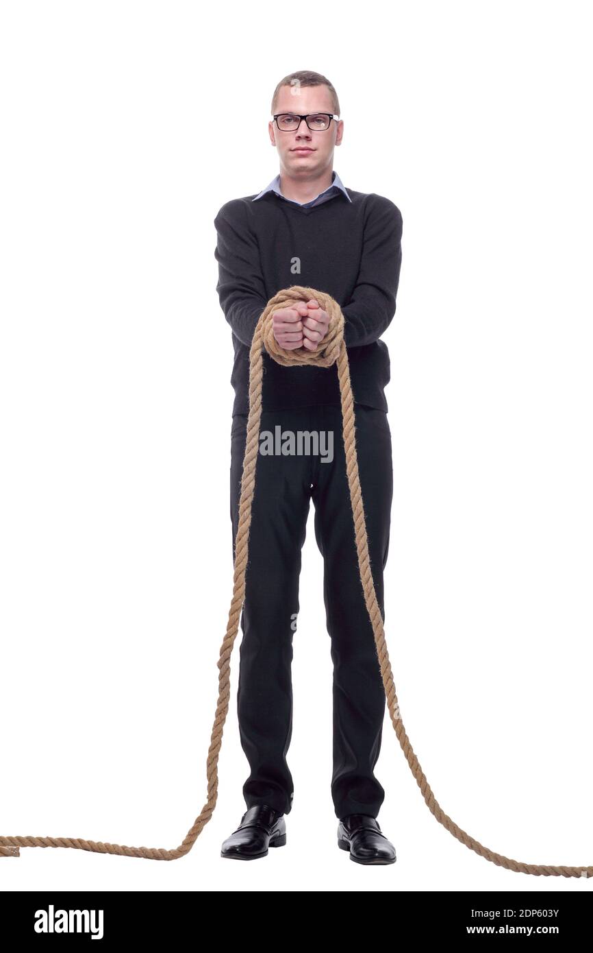 Homme d'affaires avec une corde a attaché ses mains Banque D'Images