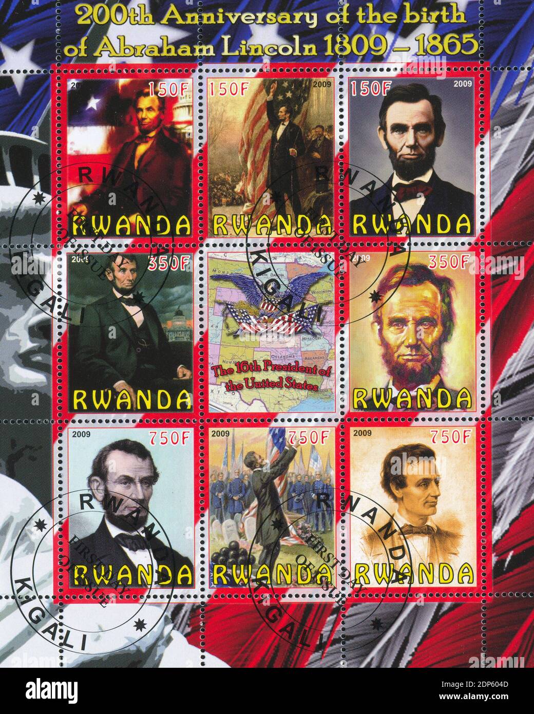 RWANDA - VERS 2009: Timbre imprimé par le Rwanda, montre Abraham Lincoln, vers 2009 Banque D'Images