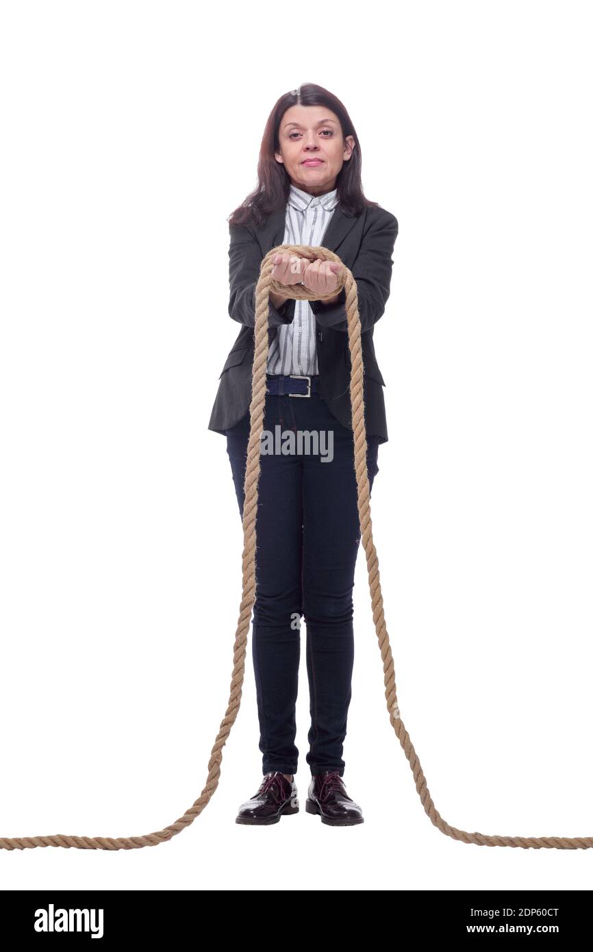 Femme homme d'affaires avec mains liées avec corde Banque D'Images