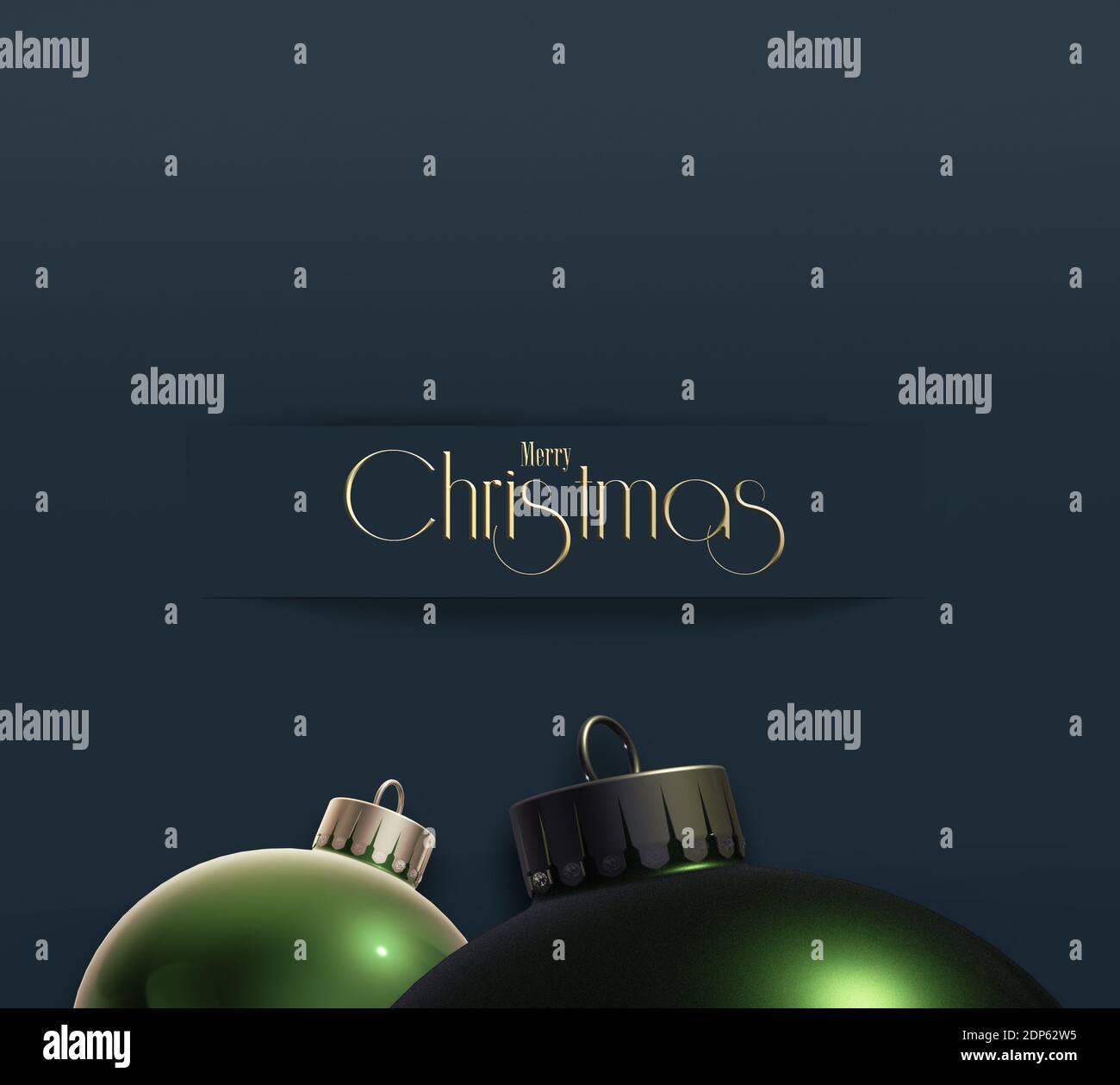 Nouvelle année minimaliste abstrait carte de visite d'entreprise avec des boules réalistes 3D, texte or Joyeux Noël bonne année sur fond noir bleu foncé Banque D'Images