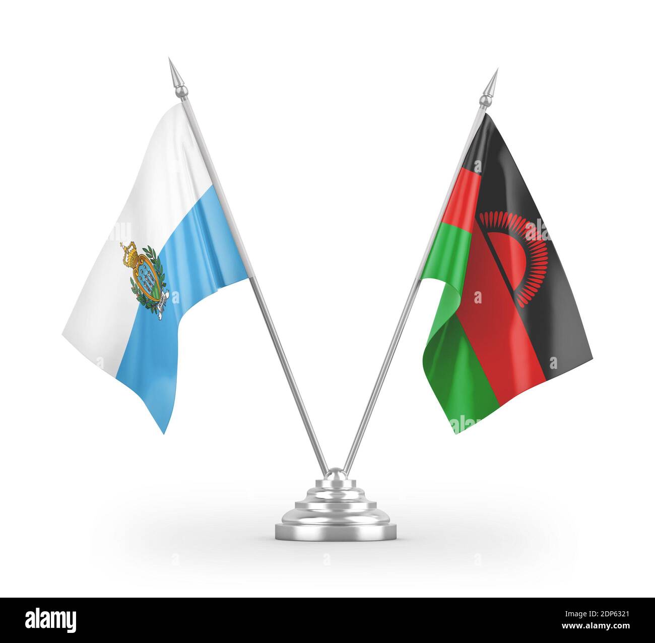 Drapeaux de table Malawi et Saint-Marin isolés sur la 3D blanche rendu Banque D'Images
