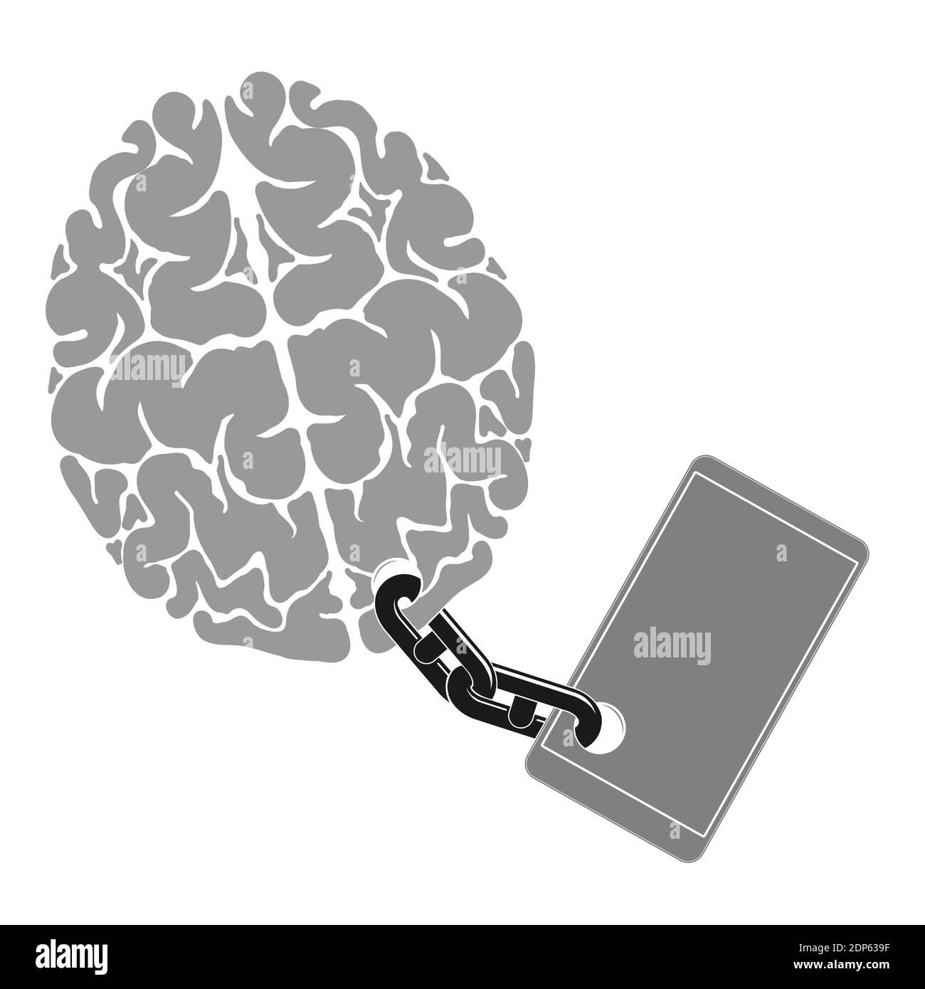 Image du cerveau enchaîné au téléphone. Une personne dépend d'un gadget ou d'un téléphone cellulaire. Illustration de Vecteur