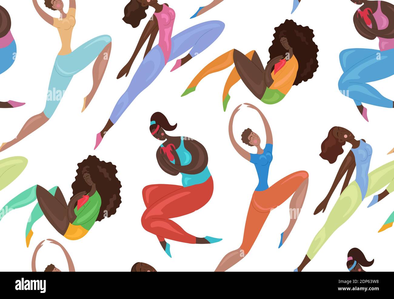 Modèle sans couture de filles de sport africaines heureux saut et exercices. Positivité du corps, confiance et acceptation de soi. Le pouvoir des femmes et le féminisme. Illustration de Vecteur