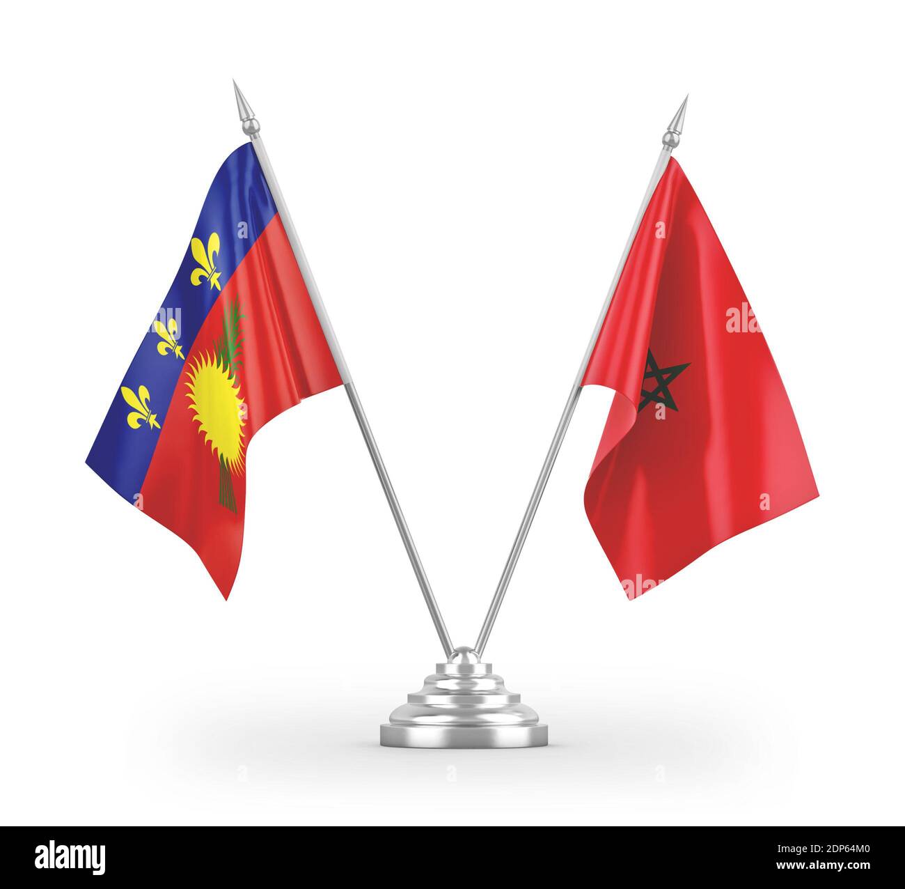 Drapeaux de table Maroc et Guadeloupe isolés sur rendu 3D blanc Banque D'Images