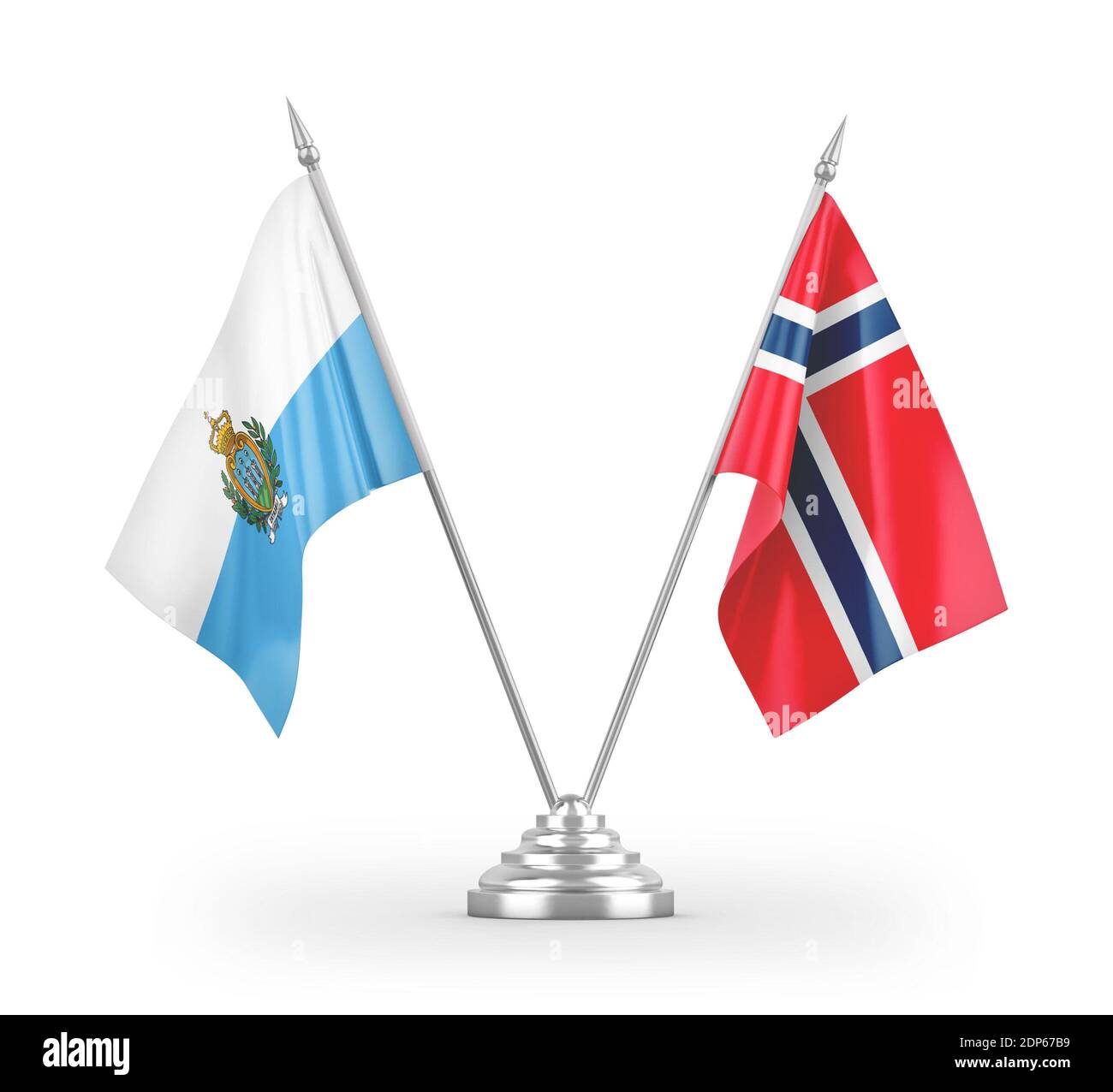 Drapeaux de table de Norvège et de Saint-Marin isolés sur 3D blanc rendu Banque D'Images
