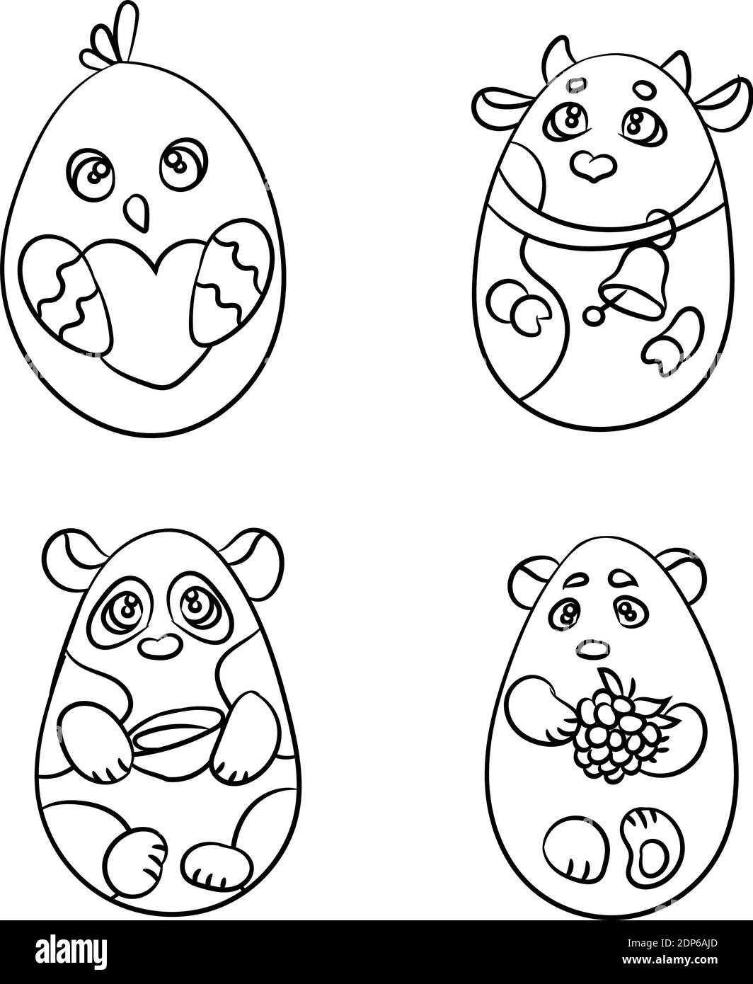 Page de coloriage ensemble de 4 animaux mignons en forme d'oeuf de Pâques. Il y a une vache, un poulet, un panda mignon et un ours blanc Illustration de Vecteur