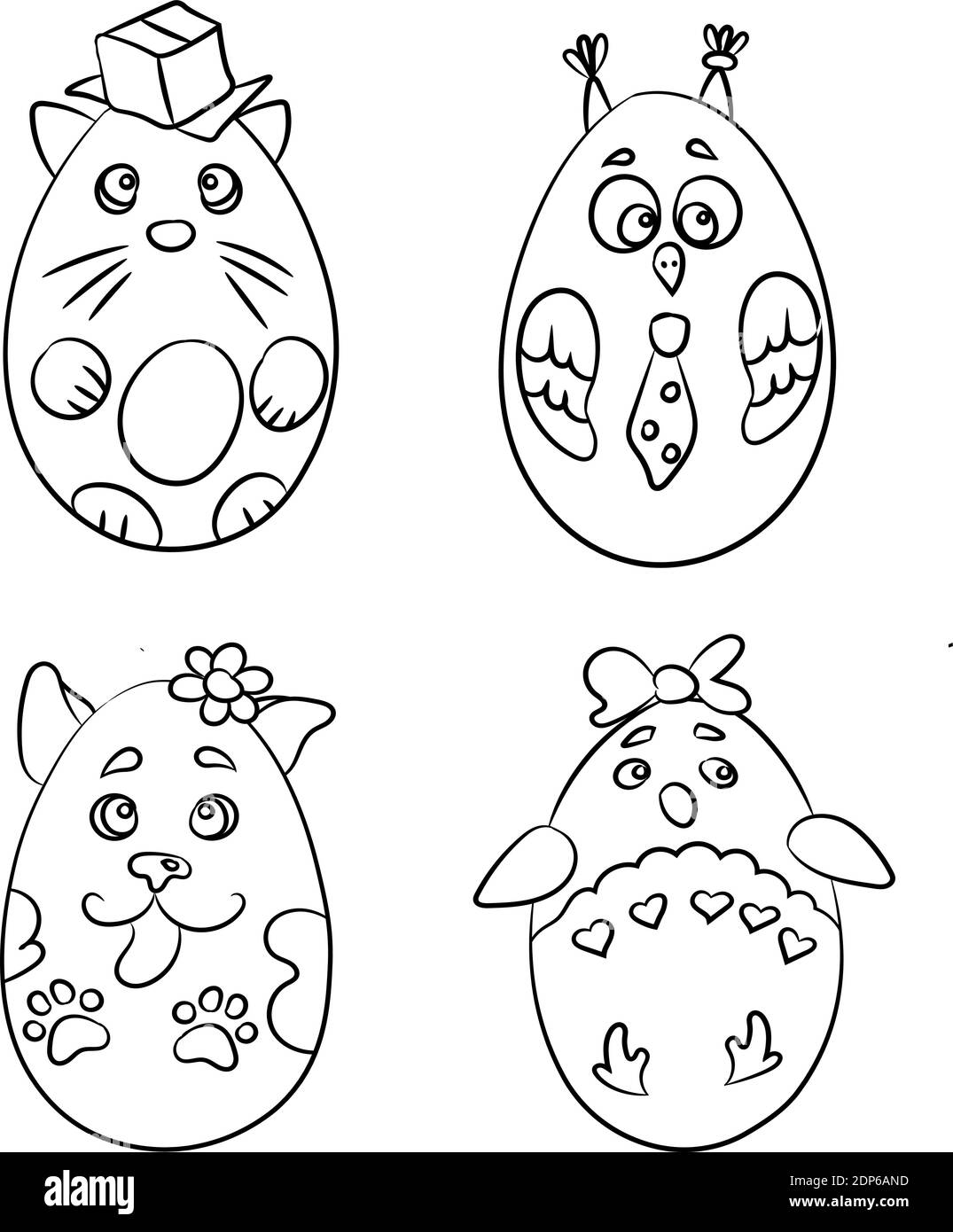 Ensemble de 4 animaux mignons en forme d'oeufs de Pâques pour colorier les pages. Il y a un chat avec une boîte, un pingouin avec un arc, un chien avec une fleur et un hibou Illustration de Vecteur