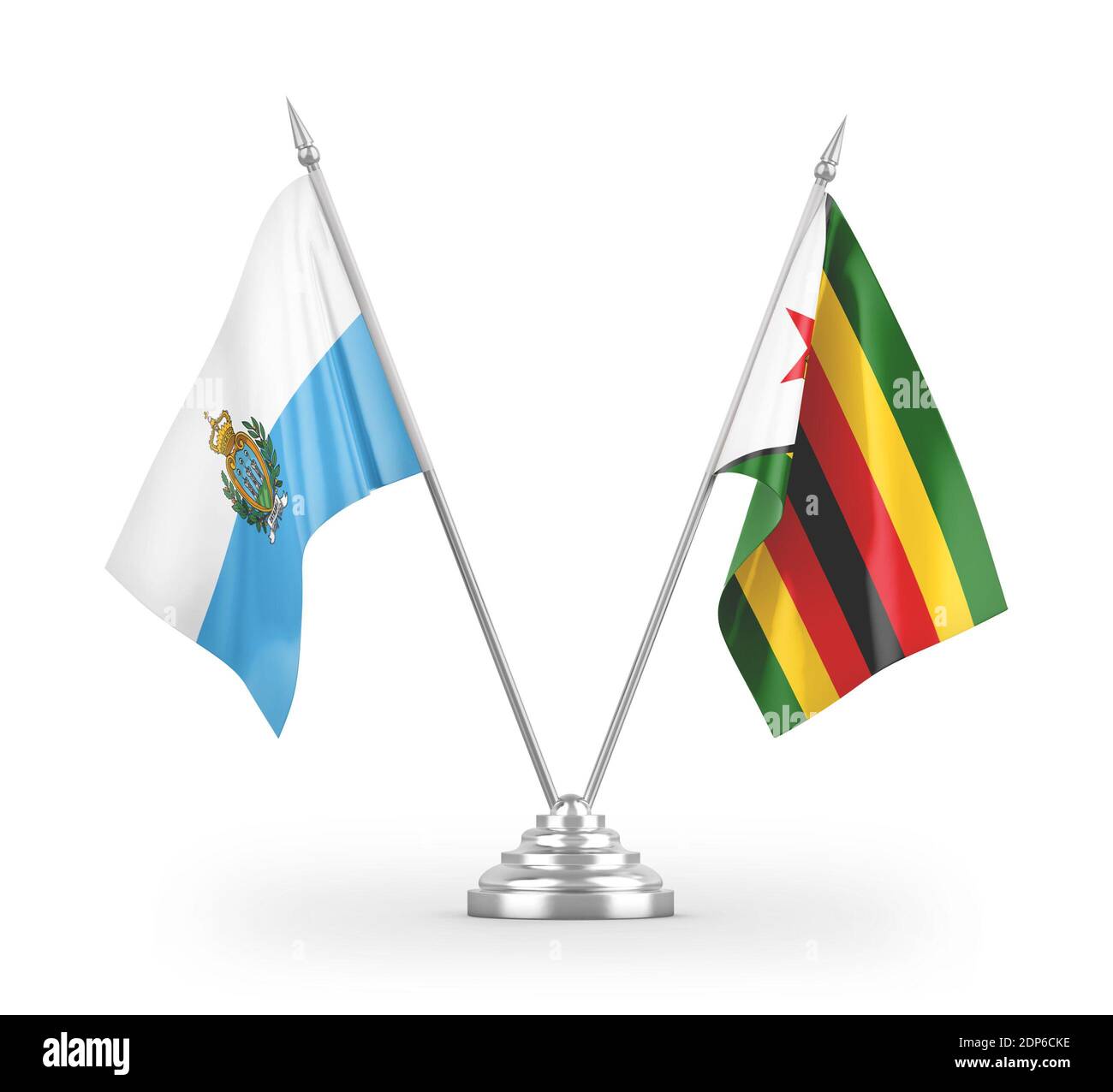 Drapeaux de table Zimbabwe et Saint-Marin isolés sur la 3D blanche rendu Banque D'Images