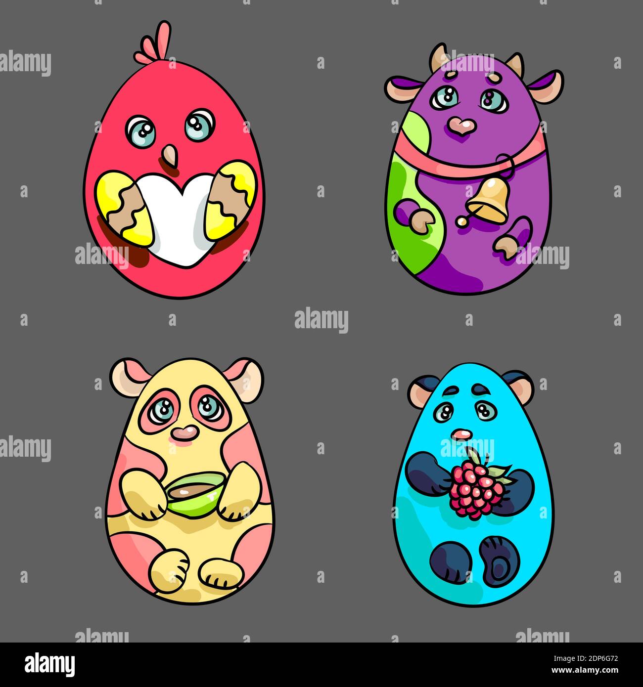 Animaux mignons en forme d'oeufs de Pâques, il y a une vache, un poulet, un panda et un ours blanc Illustration de Vecteur