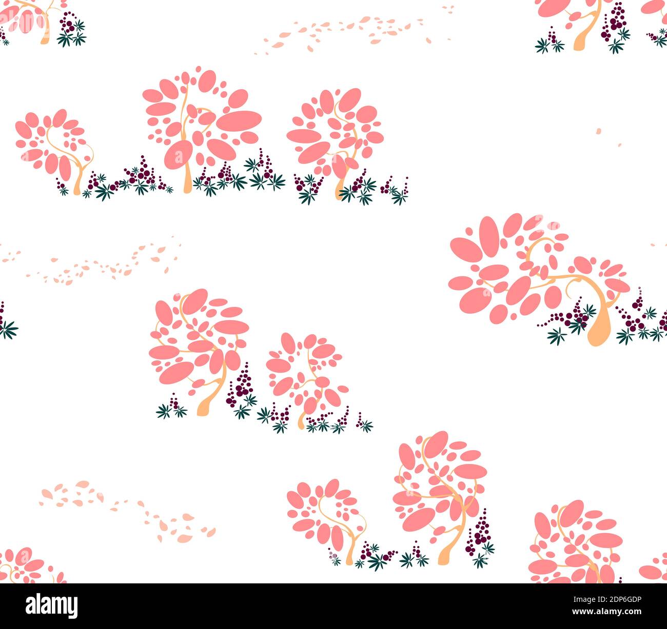 Motif sans couture avec arbres de bulles et fluage avec le pétales d'aile et lupins de couleur rose Illustration de Vecteur