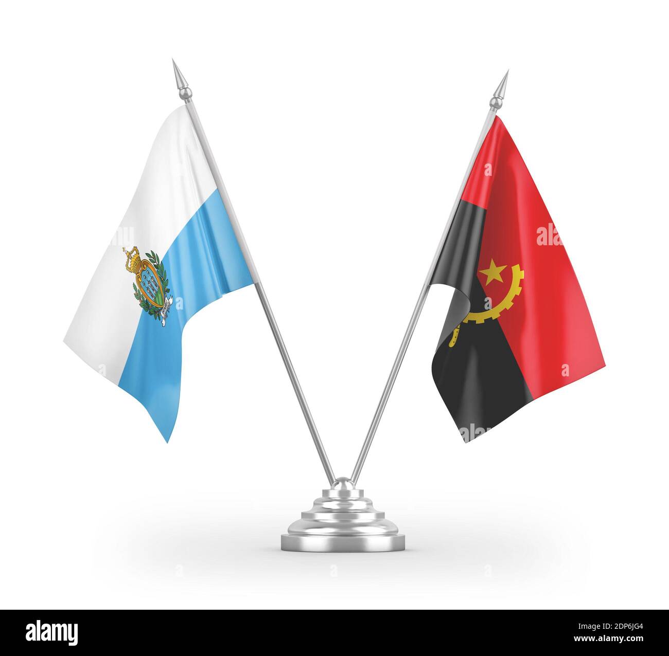 Drapeaux de table Angola et Saint-Marin isolés sur la 3D blanche rendu Banque D'Images