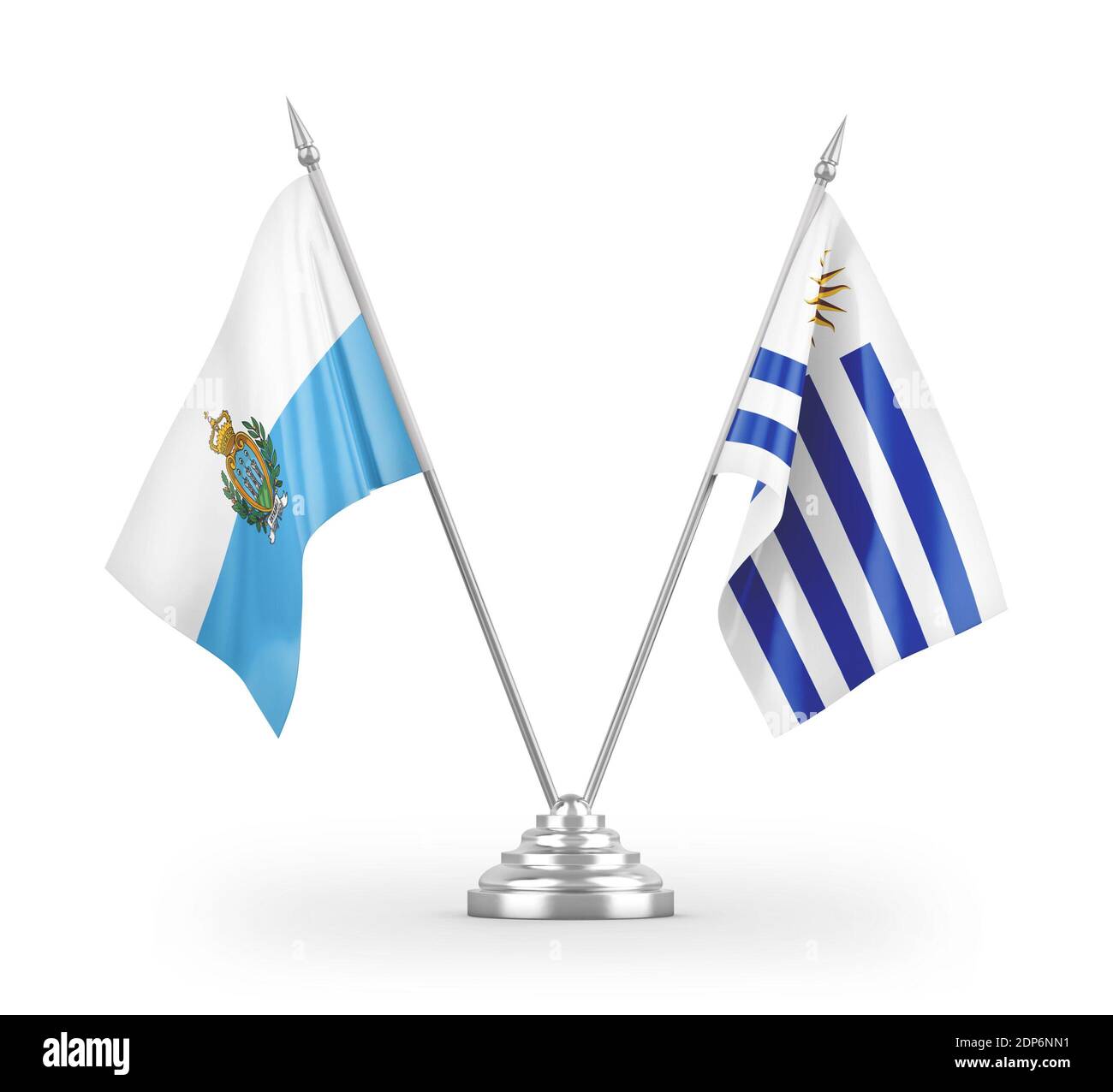 Uruguay et Saint-Marin drapeaux de table isolés sur blanc 3D rendu Banque D'Images
