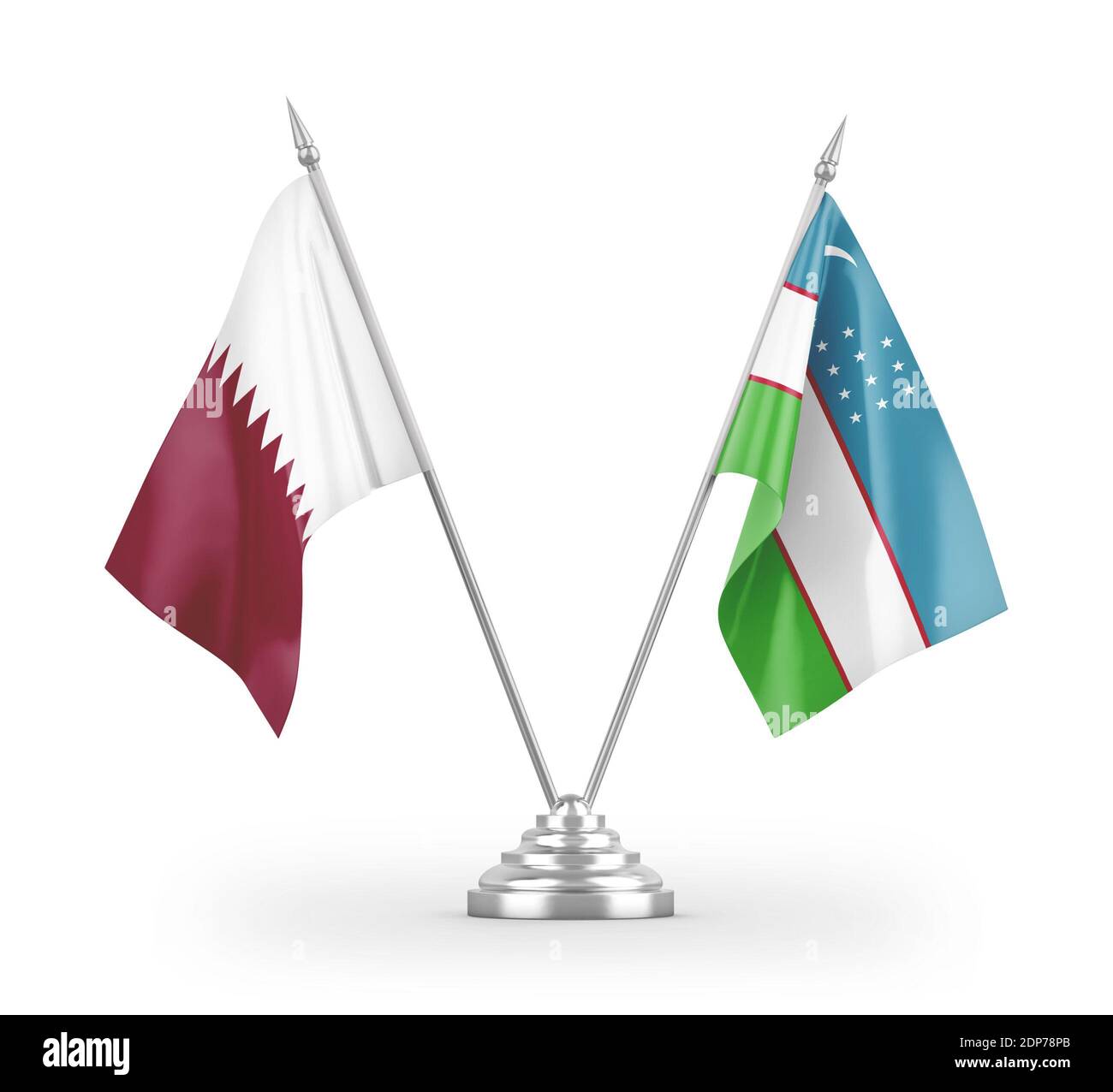 Drapeaux de table en Ouzbékistan et au Qatar isolés sur le rendu 3D blanc Banque D'Images