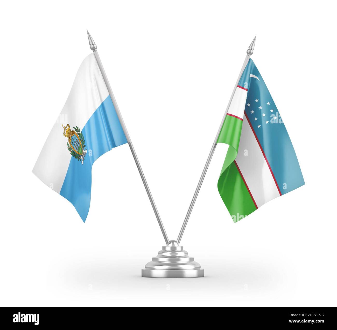 Drapeau de table d'Ouzbékistan et de Saint-Marin isolé sur 3D blanc rendu Banque D'Images