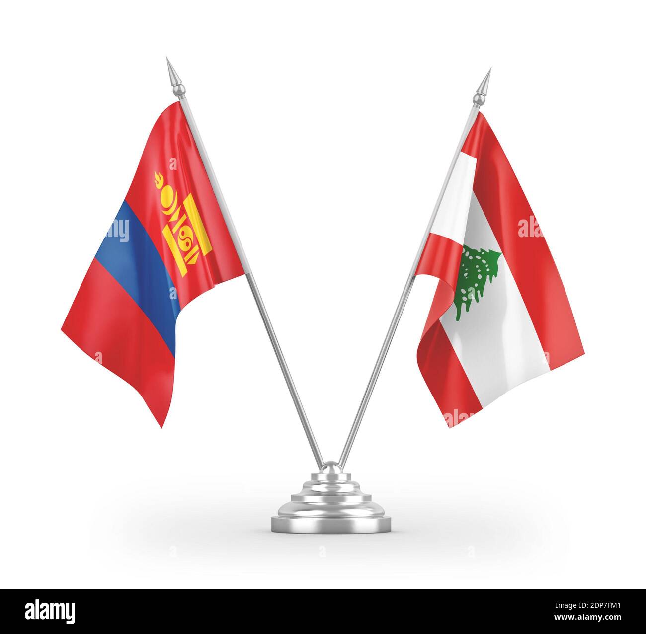 Drapeaux de table du Liban et de la Mongolie isolés sur le rendu 3D blanc Banque D'Images