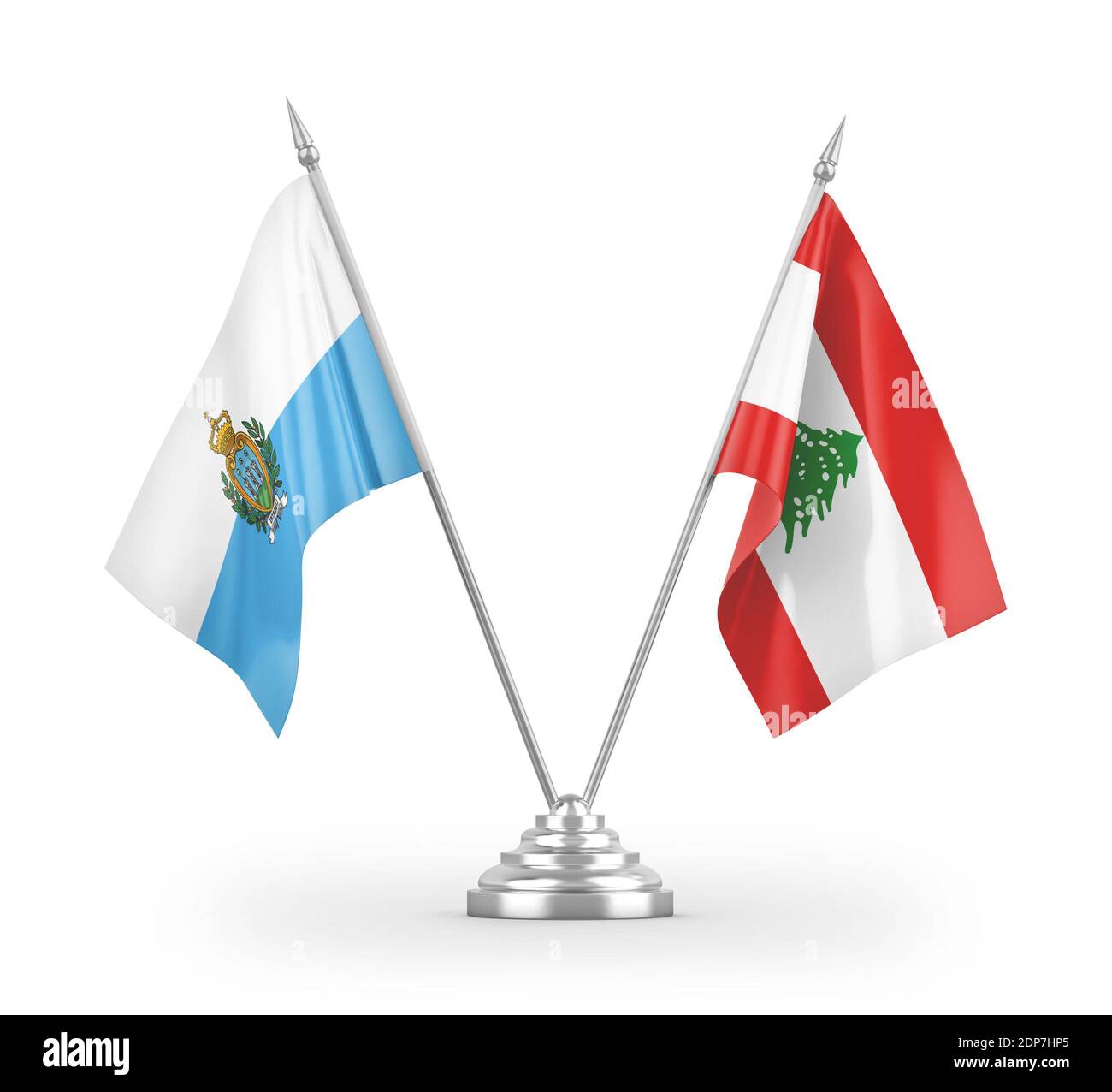 Drapeaux de table du Liban et de Saint-Marin isolés en 3D blanche rendu Banque D'Images