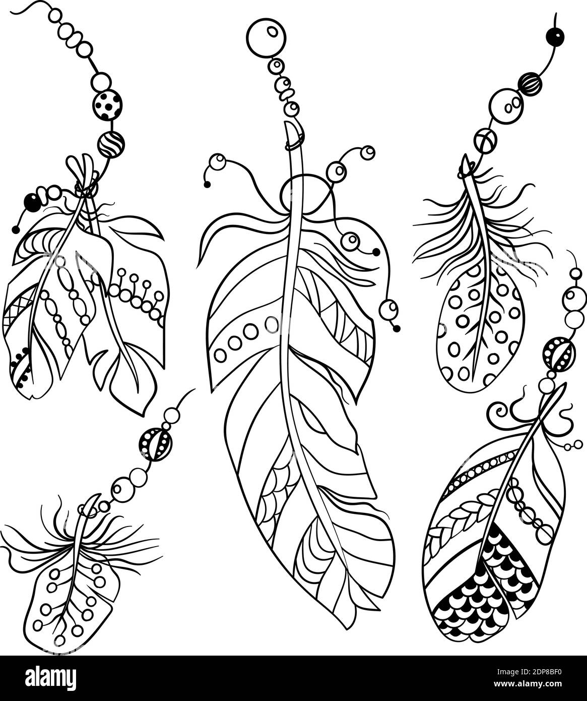 Ensemble de cinq plumes de style ethnique américain tribal dans page de coloriage dans l'illustration graphique vectorielle Illustration de Vecteur