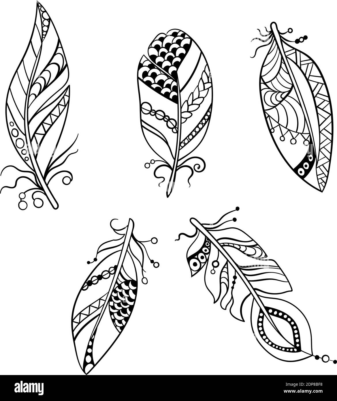 Ensemble de cinq plumes de style ethnique américain tribal dans page de coloriage dans l'illustration graphique vectorielle Illustration de Vecteur