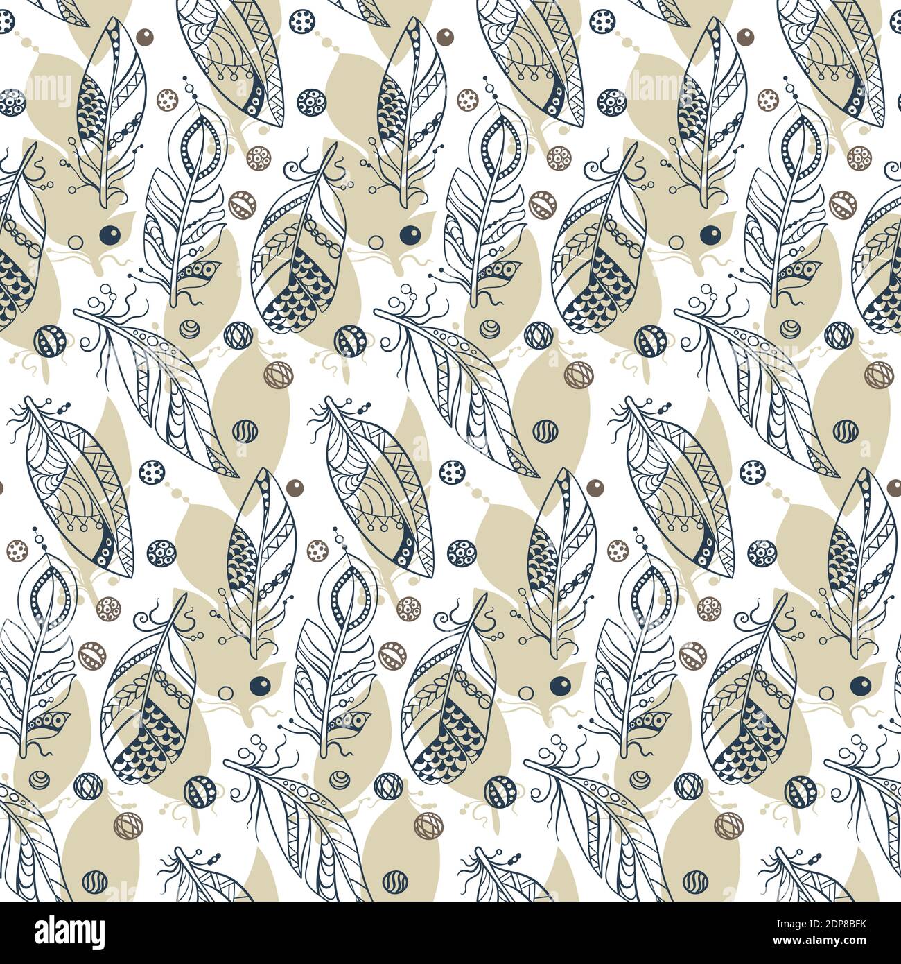 Motif tribal sans couture avec plumes dans l'illustration graphique vectorielle de la couleurs marron clair et bleu avec perles en ornement avec ombres Illustration de Vecteur