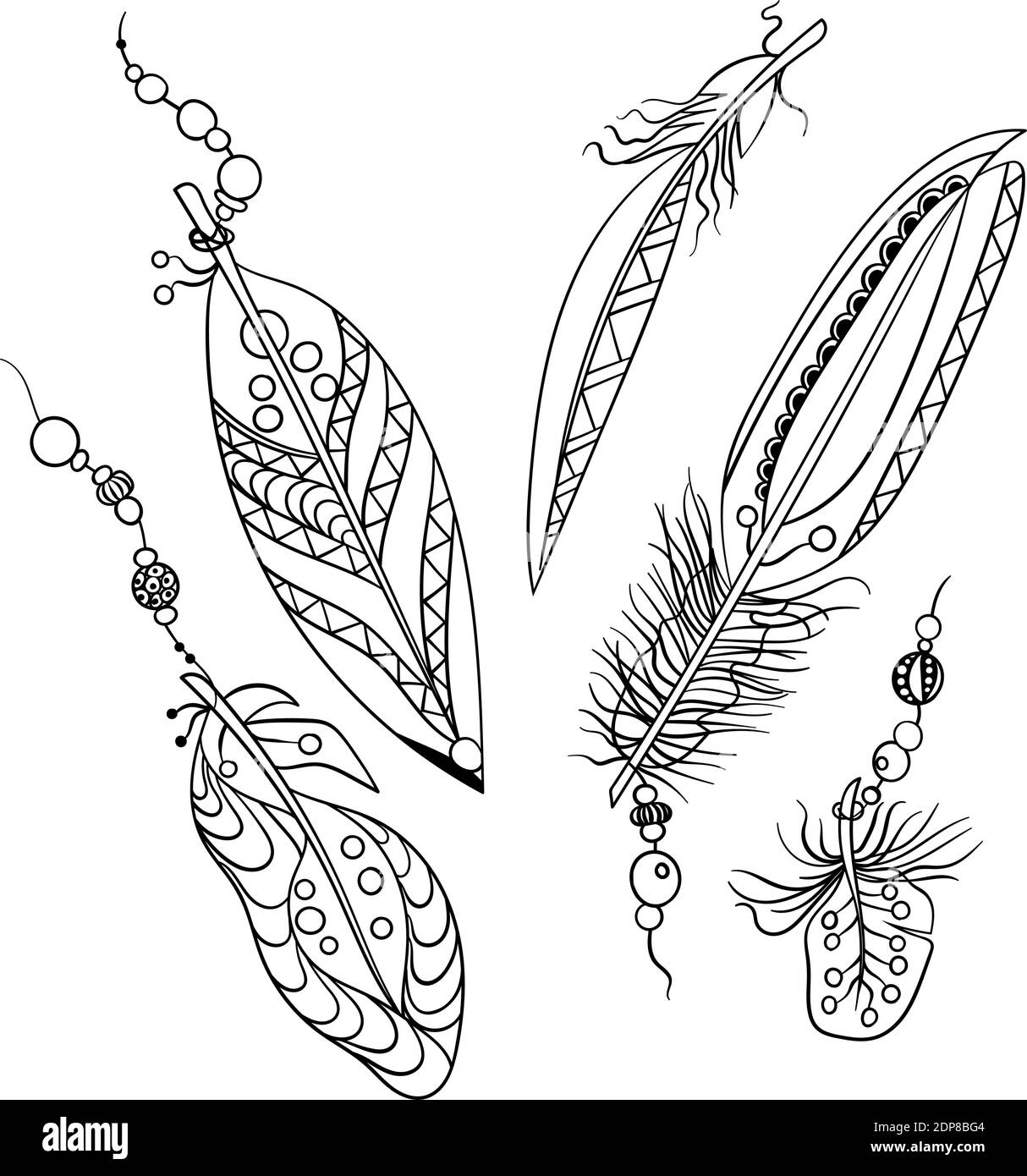 Ensemble de cinq plumes de style ethnique américain tribal dans page de coloriage dans l'illustration graphique vectorielle Illustration de Vecteur