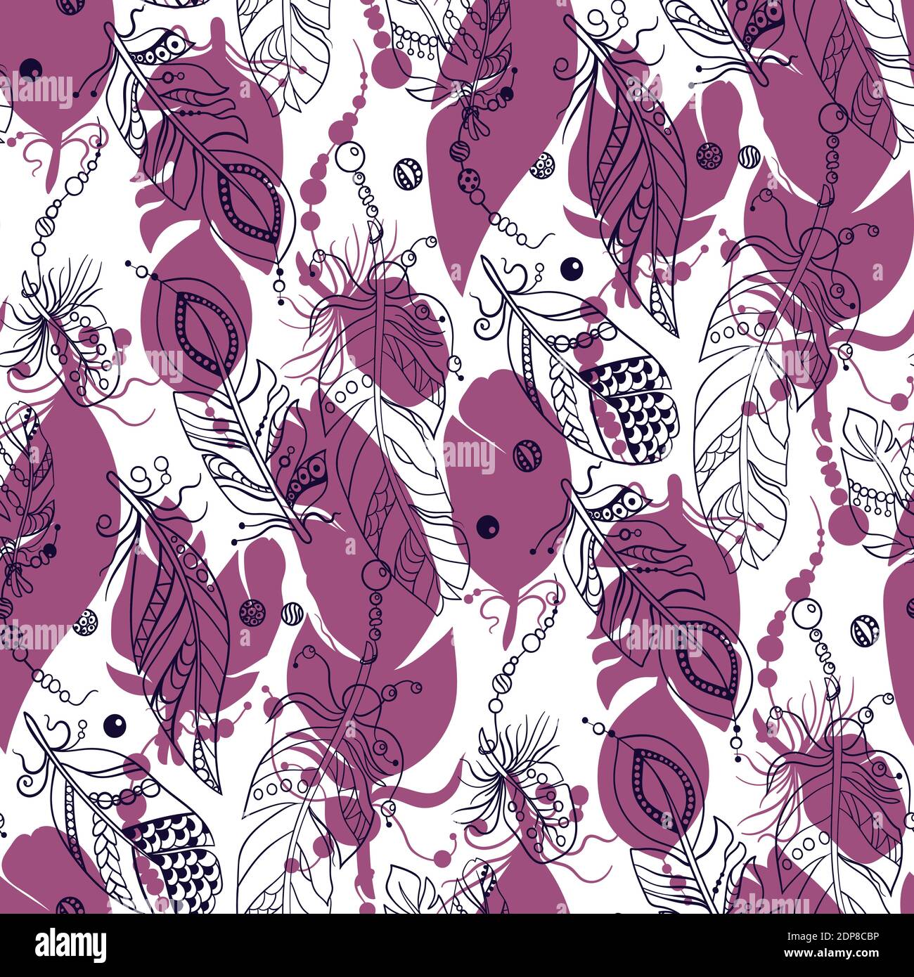 Motif tribal sans couture avec plumes dans l'illustration graphique vectorielle de la couleurs rose et bleu foncé avec perles en ornement avec ombres Illustration de Vecteur
