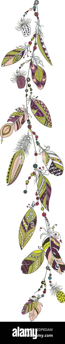 Motif ornemental vertical de couleur avec une corde avec des plumes et perles à motif vectoriel de style tribal Illustration de Vecteur