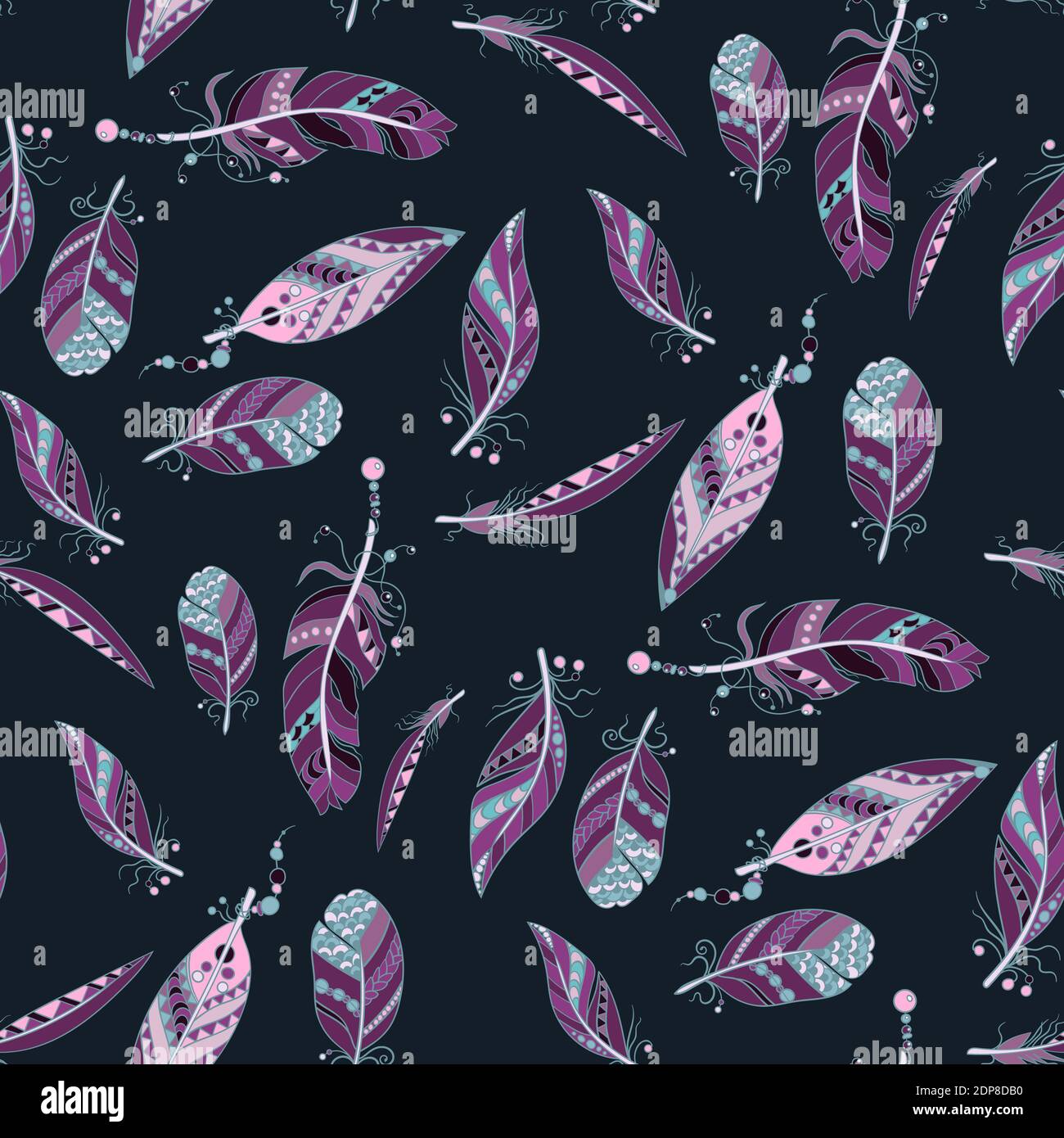 Motif sans échantillon avec des feathes de couleur violet et bleu dans le vecteur ornement avec perles et lignes Illustration de Vecteur