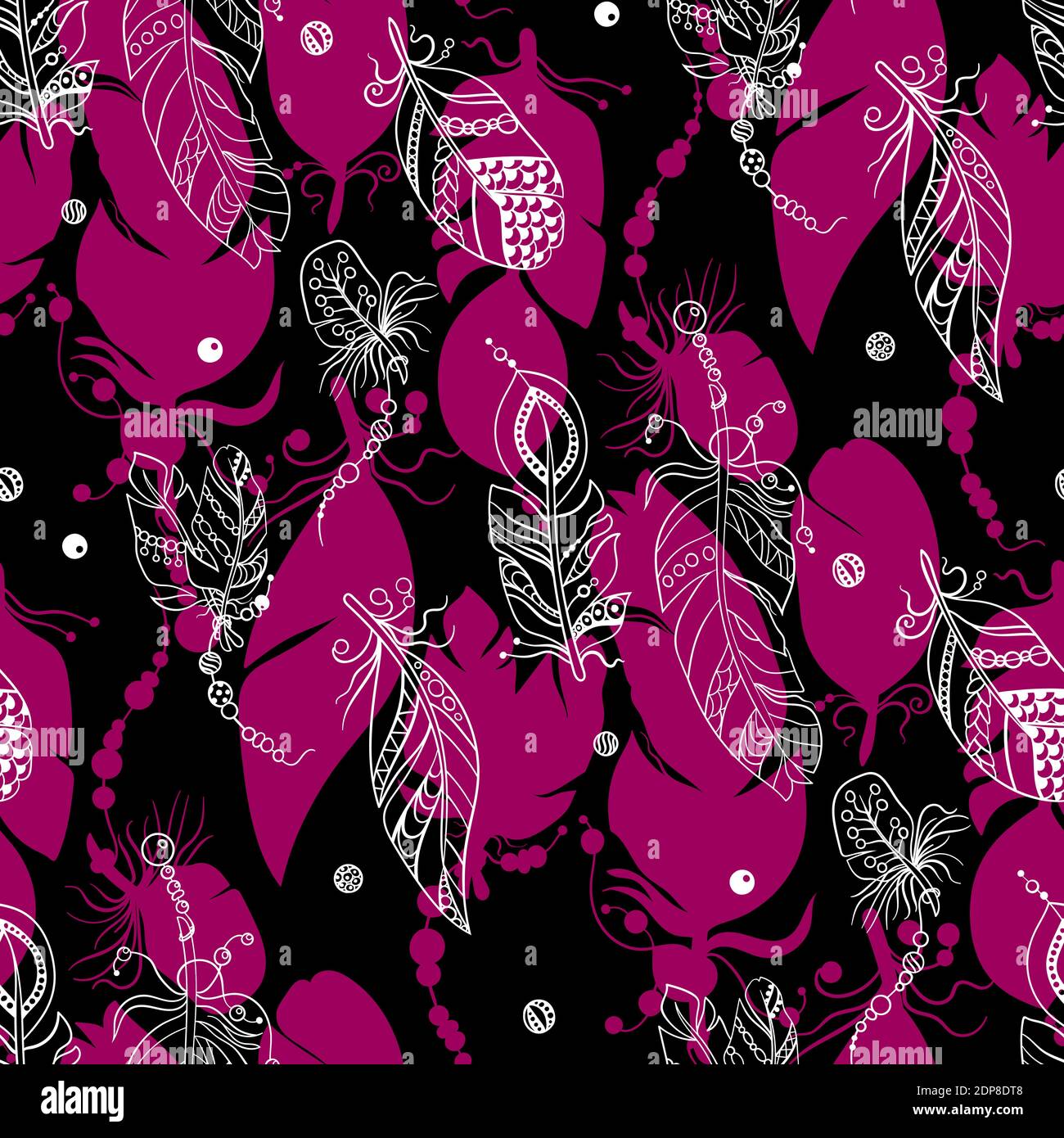 Motif tribal sans couture avec plumes dans l'illustration graphique vectorielle aux couleurs noir, rose et blanc avec perles dans l'ornement et les ombres Illustration de Vecteur