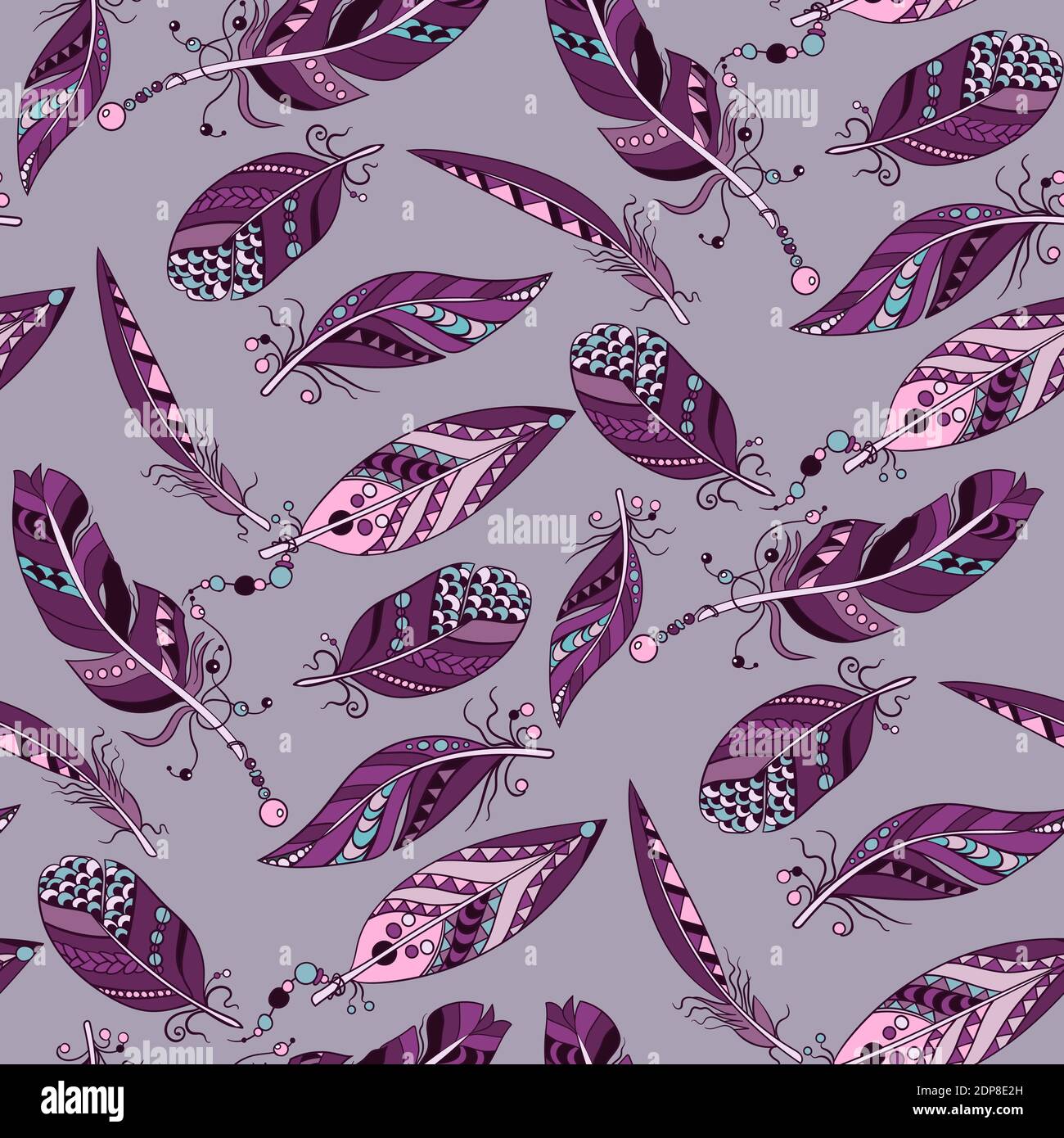 Motif sans Samless sur fond violet avec des couleurs pourpre et rose feuathes en décoration vectorielle avec perles et lignes Illustration de Vecteur