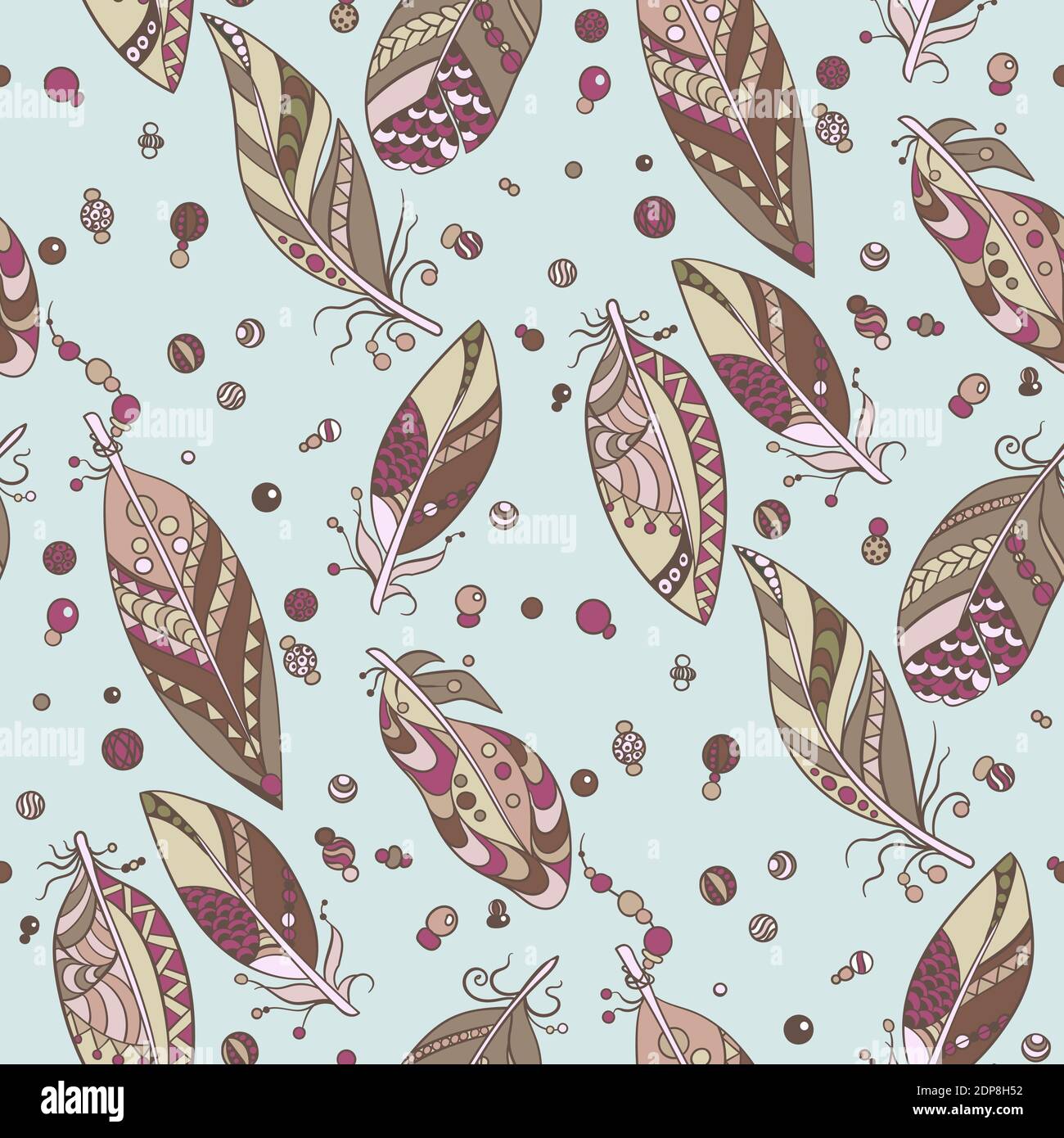 Motif tribal sans couture avec plumes et perles dans un motif vectoriel illustration de style tribal natif en bleu marin et bleu et couleurs pastel Illustration de Vecteur