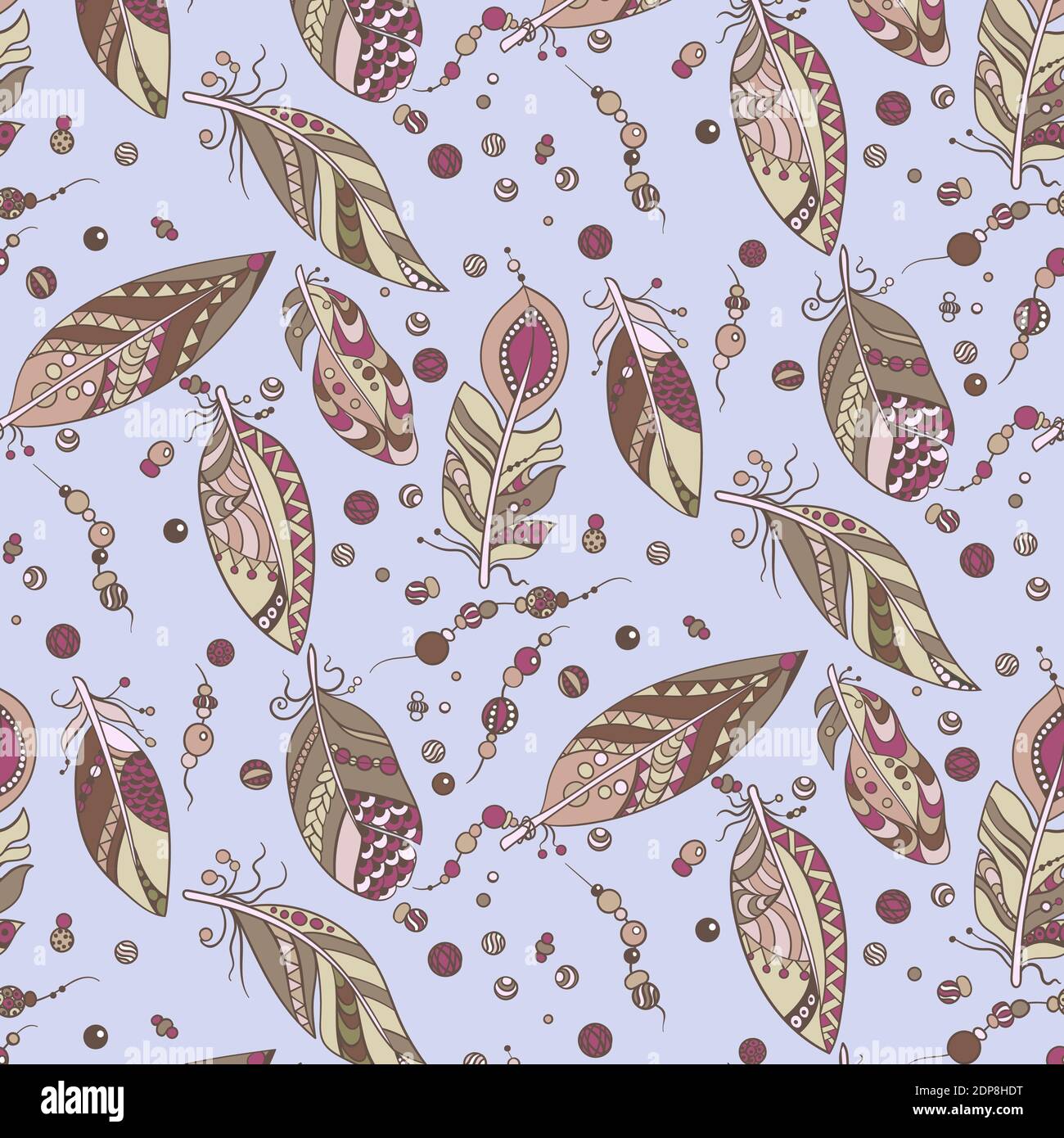 Motif tribal sans couture avec plumes et perles dans un motif vectoriel illustration de style tribal natif en bleu marin et bleu et couleurs pastel Illustration de Vecteur