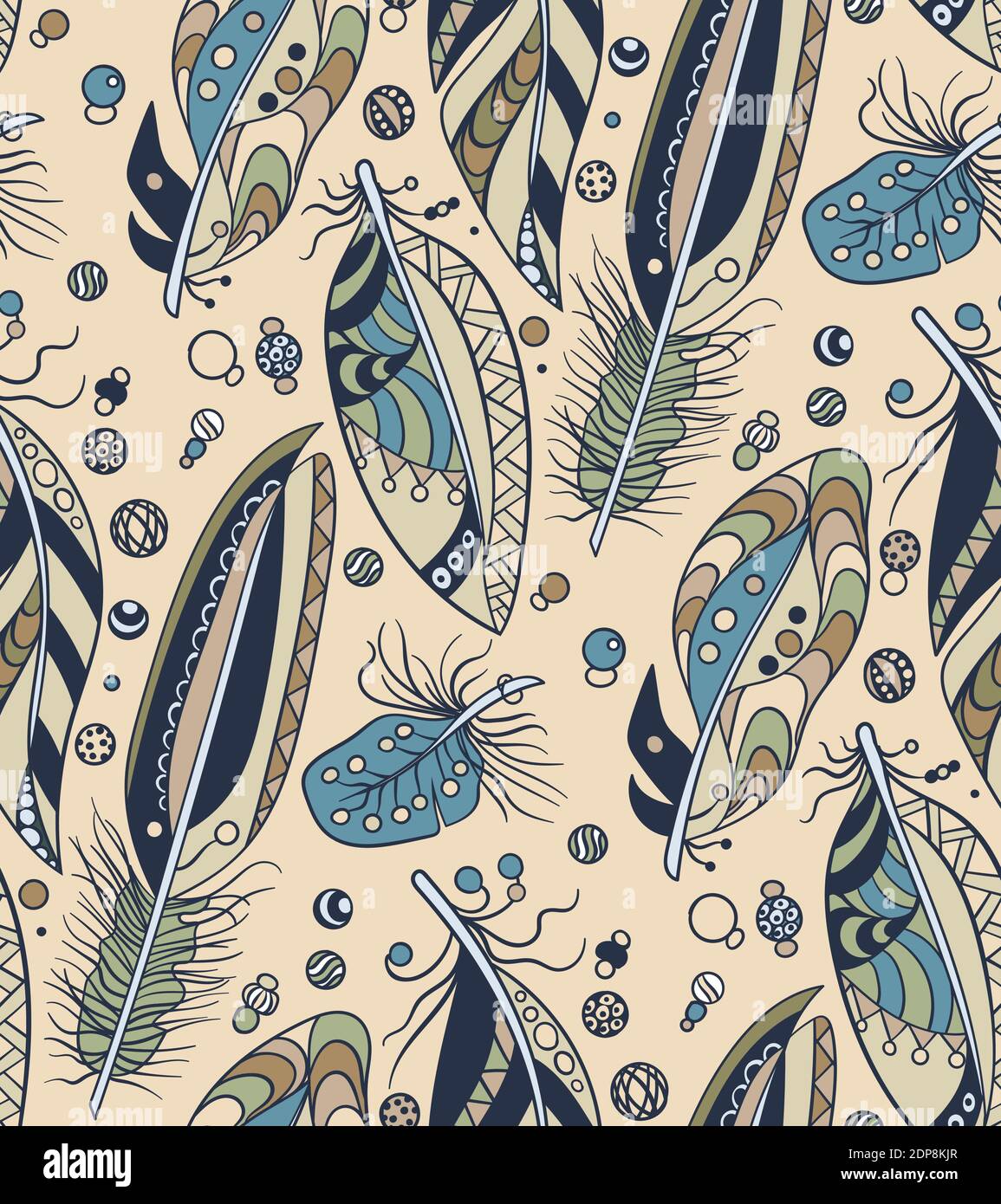 Motif sans couture avec plumes et perles dans une illustration graphique vectorielle en style tribal Illustration de Vecteur