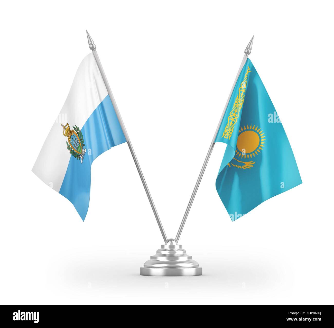 Les drapeaux de table Kazakhstan et Saint-Marin sont isolés en 3D blanc rendu Banque D'Images