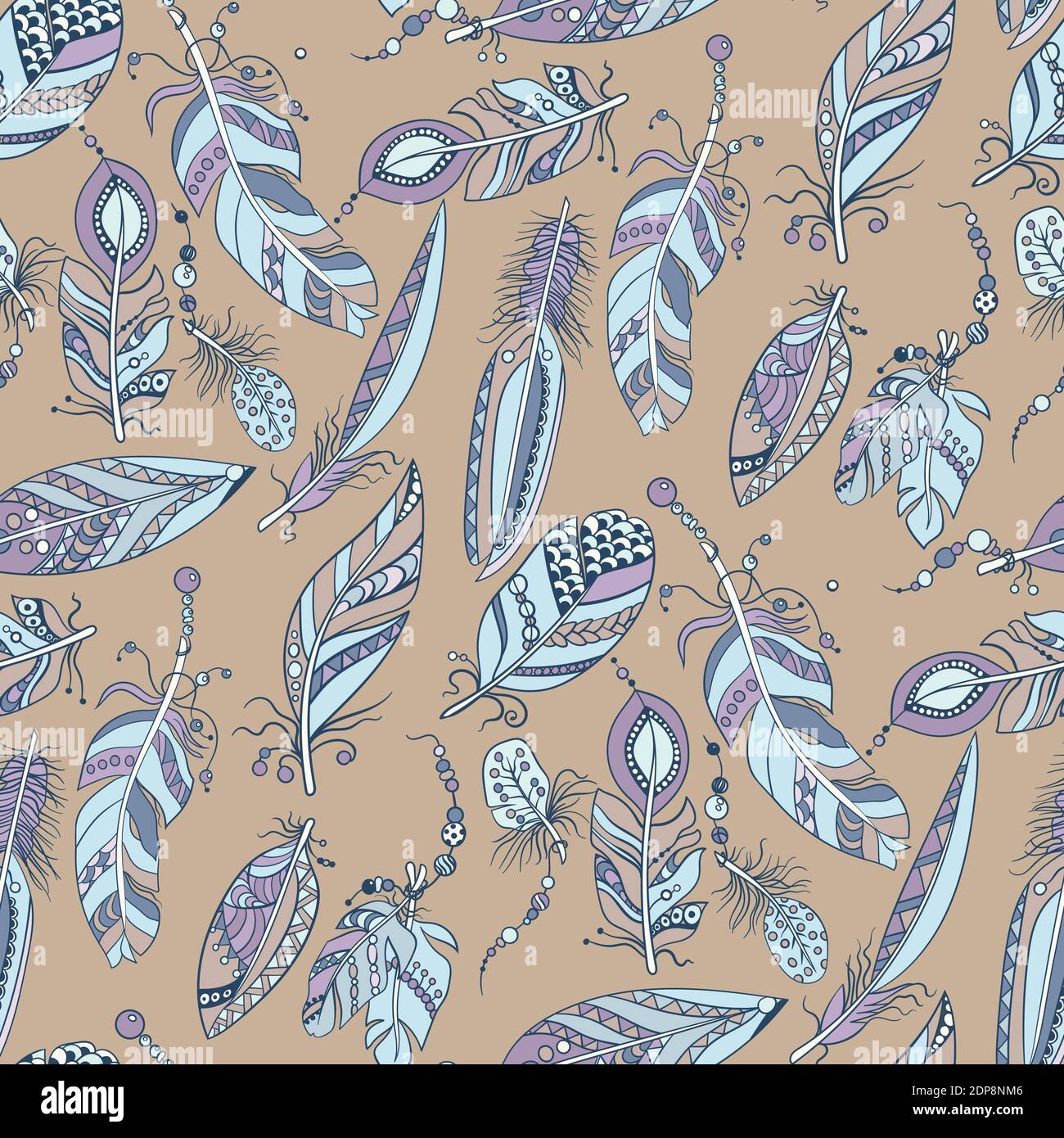 Motif sans couture avec plumes et perles dans une illustration graphique vectorielle en style tribal Illustration de Vecteur