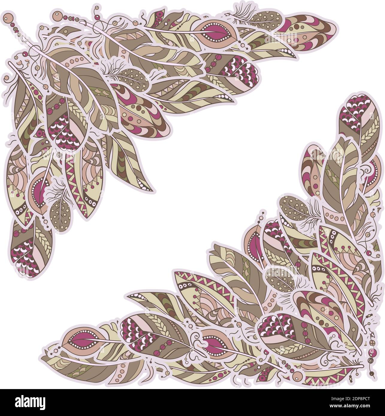 Élément de décoration d'angle pour cadres en motif vectoriel avec plumes décoration de style tribal dans des tons pastel roses et bruns Illustration de Vecteur