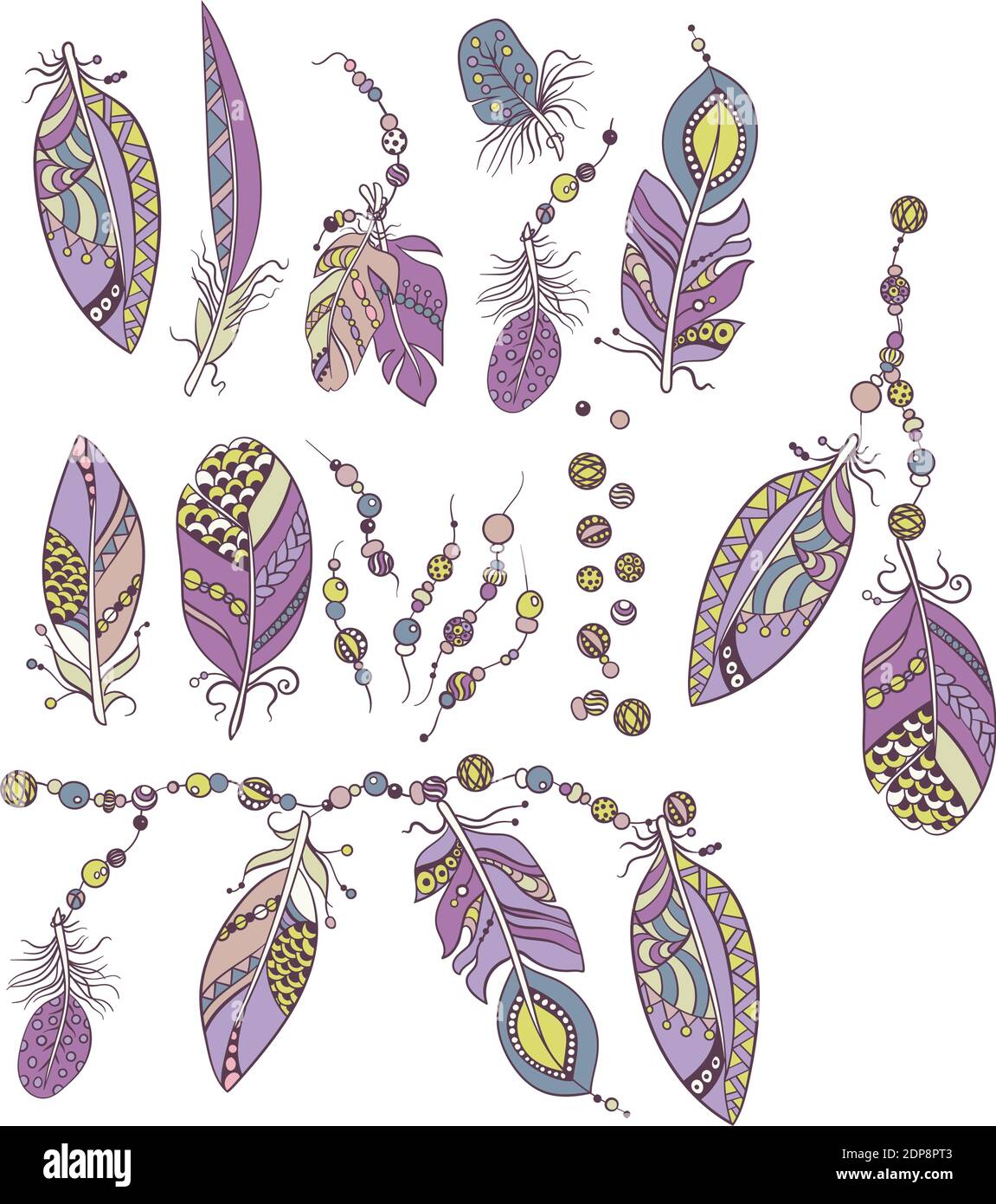 Ensemble ornemental avec éléments de décoration avec plumes, perles en ornementation en image vectorielle graphique de style tribal Illustration de Vecteur
