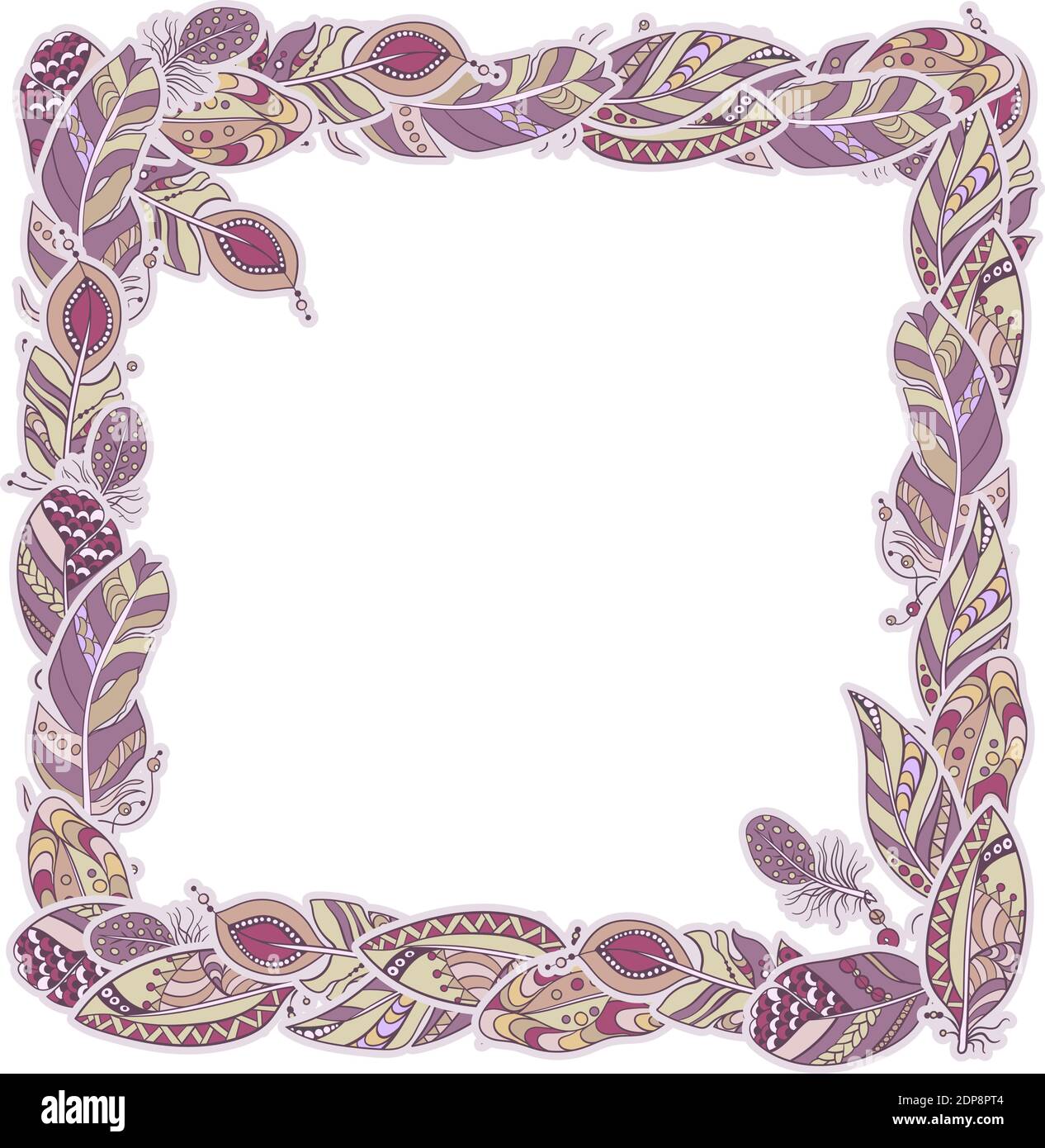 Élément de décoration carré en forme de cadre dans motif vectoriel avec plumes de style tribal ornemental en violet et marron pastel Illustration de Vecteur